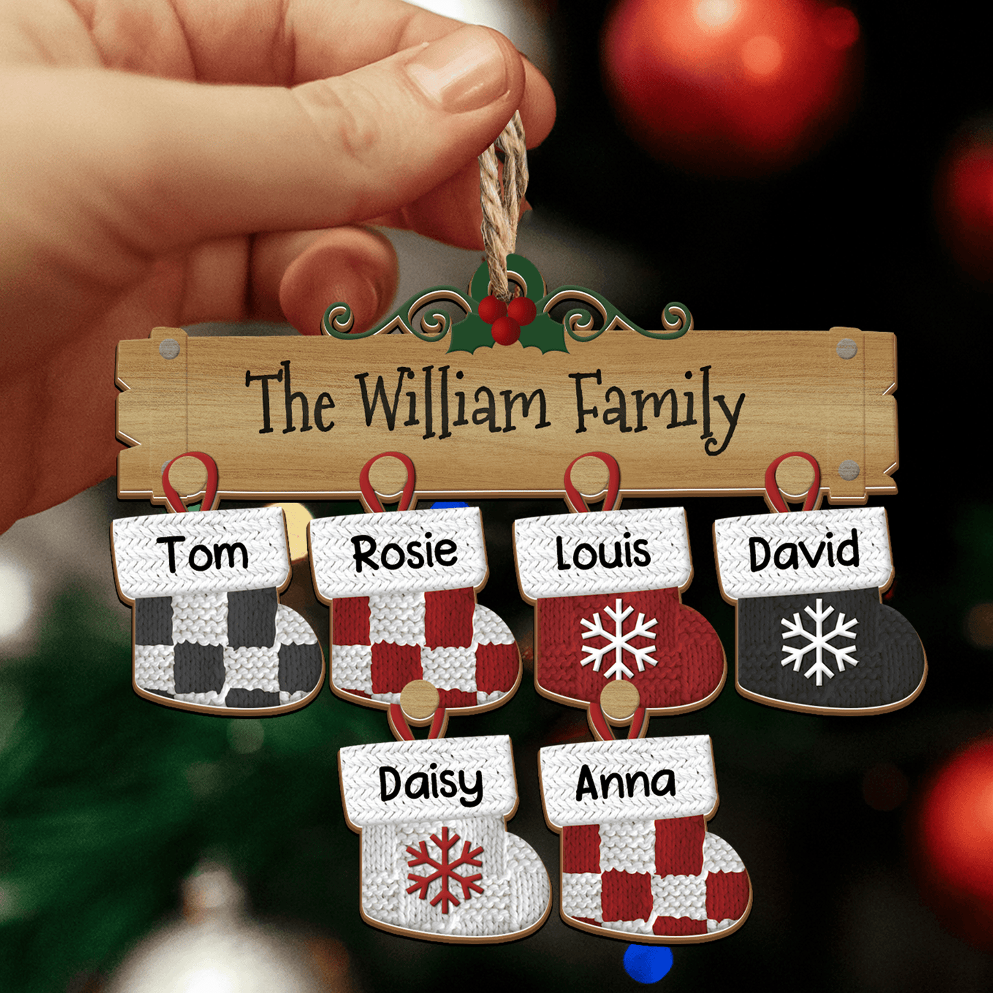 Family Christmas Stocks Ornament - Custom Shape Wood Ornament