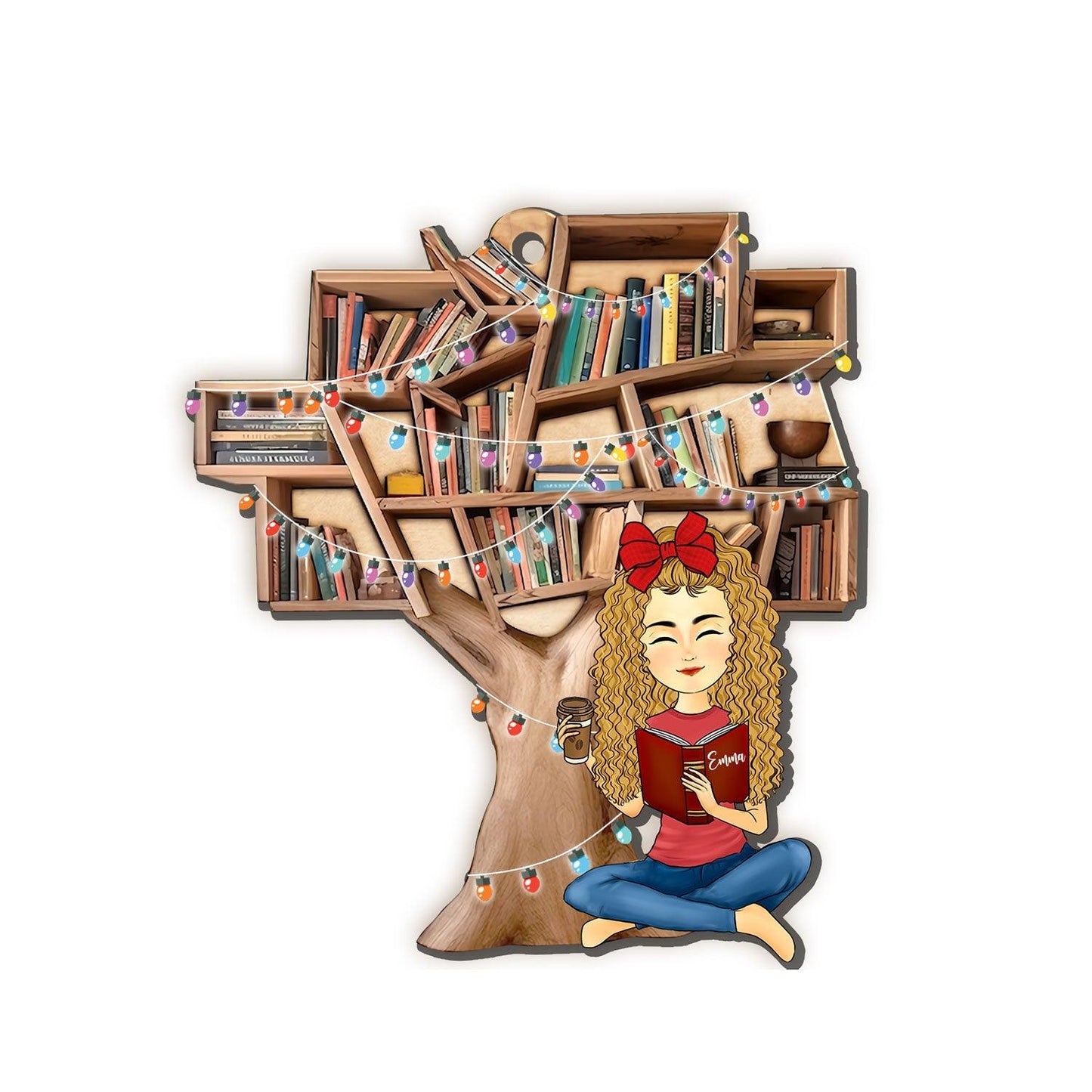 Girls Love Book Tree Ornament - Custom Shape Wood Ornament Book Lovers