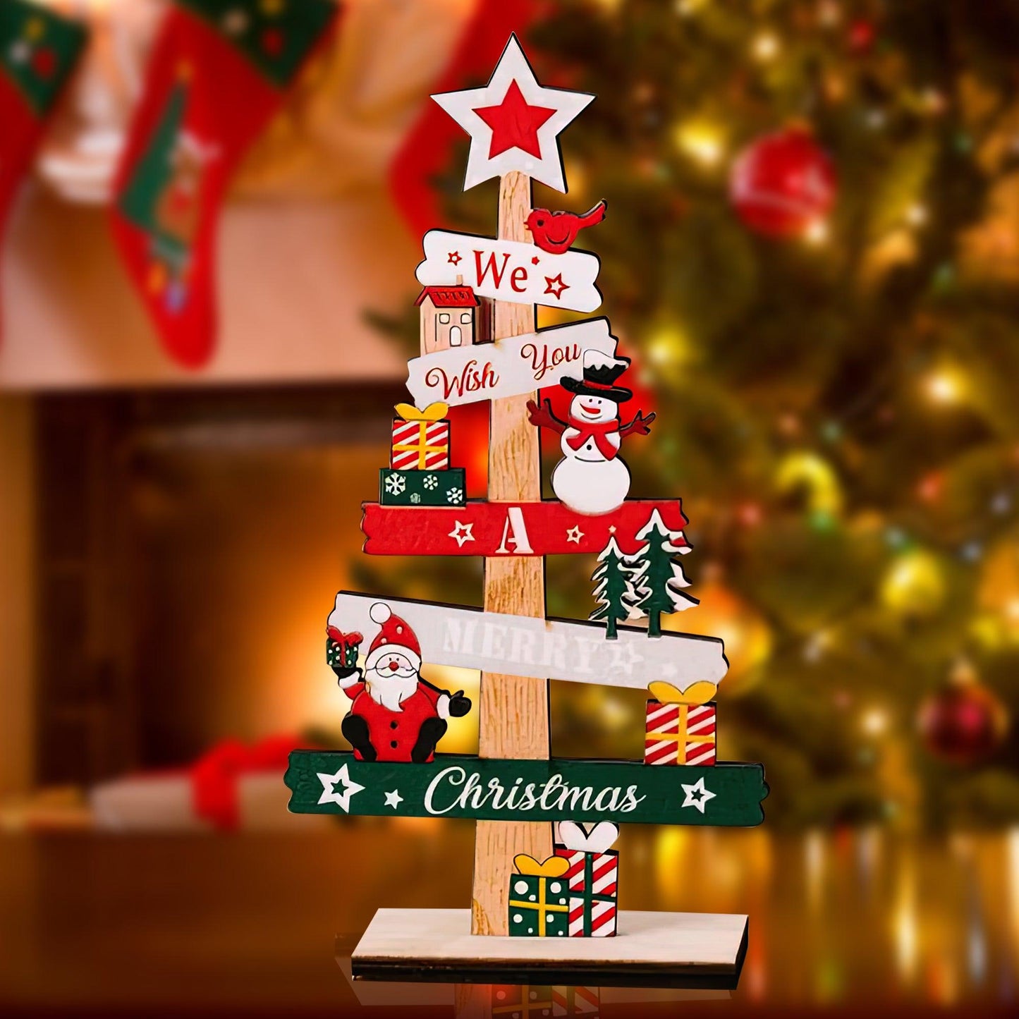 Gnome & Snowman Mini Tree - Wooden Tabletop Decoration