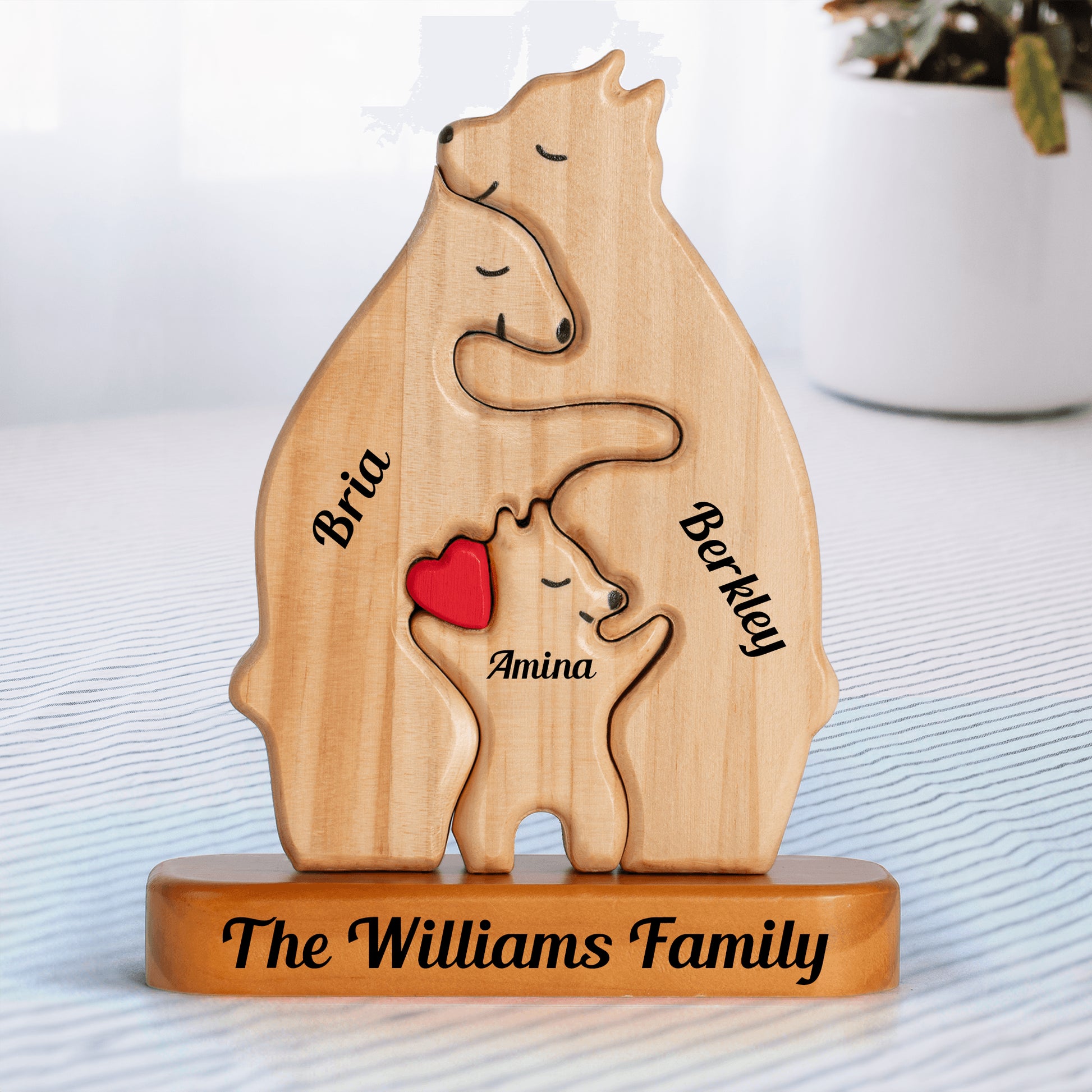 Personalized Wooden Bears Family with Hearts - Pet Carvings