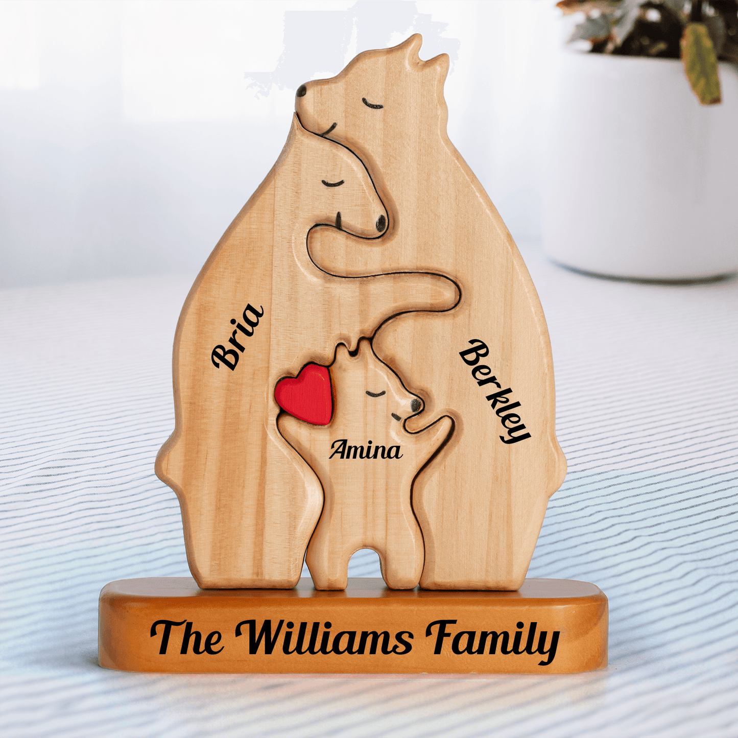 Personalized Wooden Bears Family with Hearts - Pet Carvings
