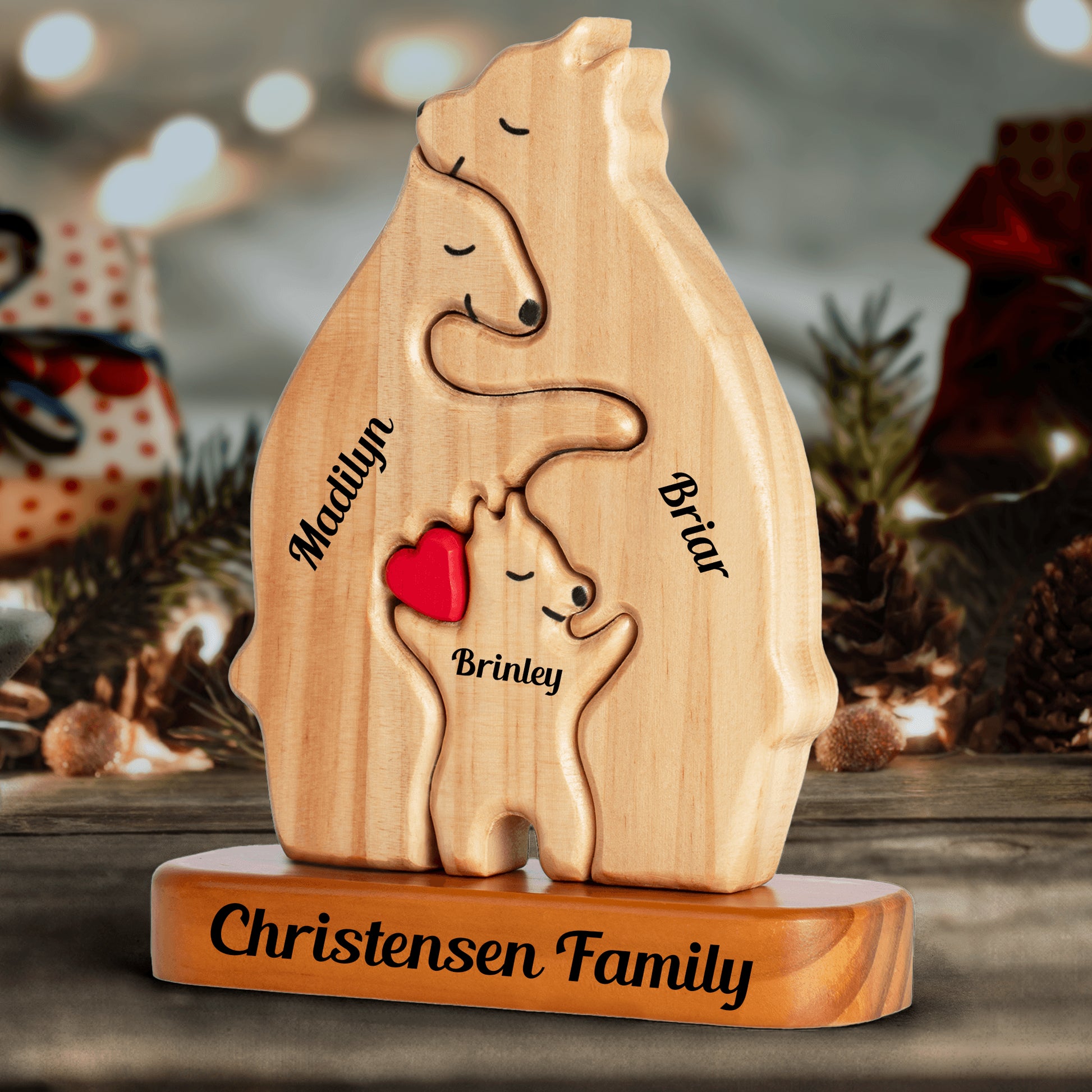 Personalized Wooden Bears Family with Hearts - Pet Carvings