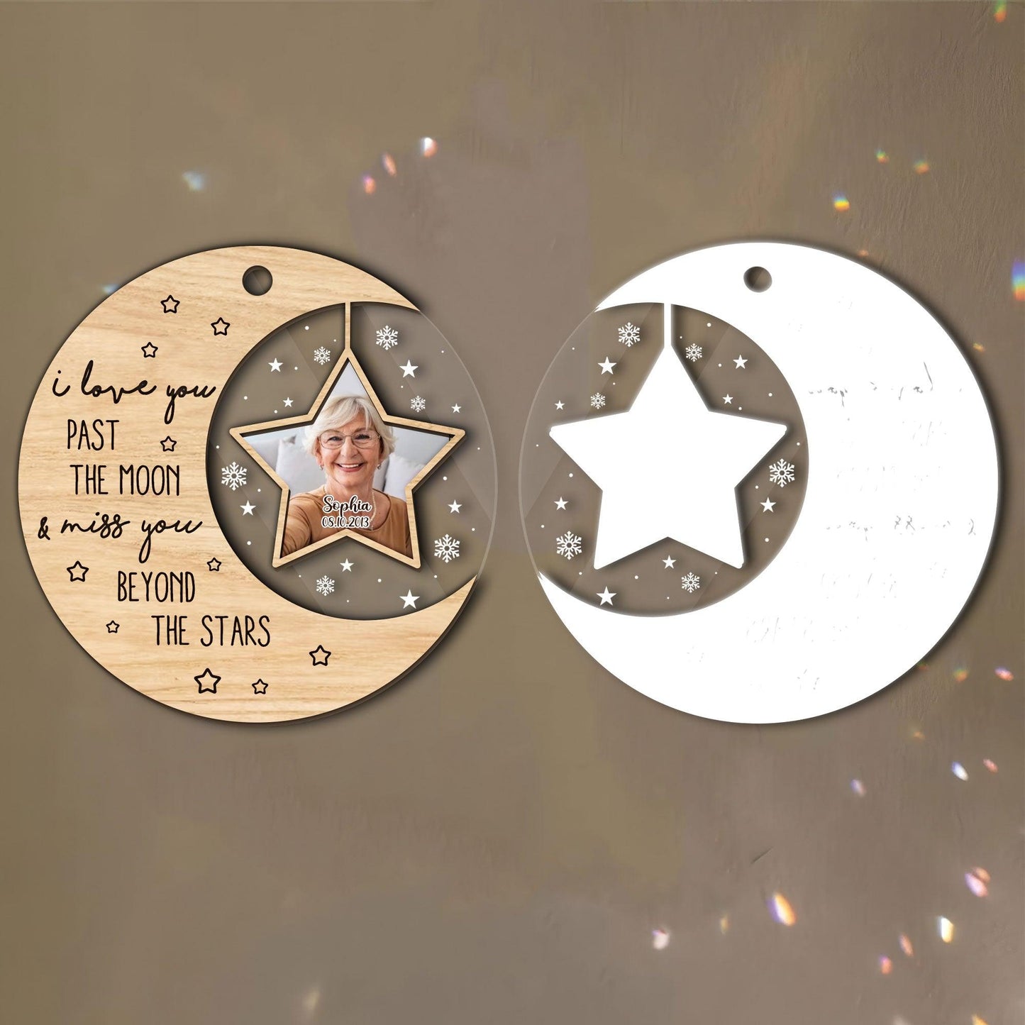 Love You Past Moon Memorial - Custom Shape Wood and Acrylic Ornament