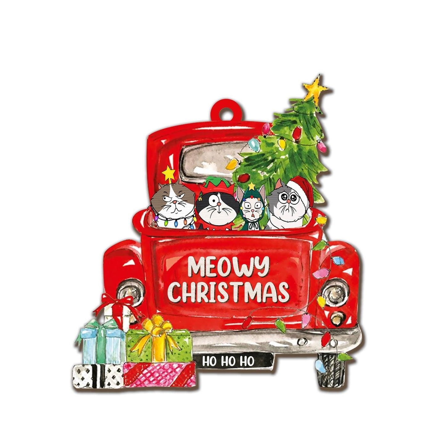 Cats In Red Truck Ornament - Custom Shape Wood Ornament Gift