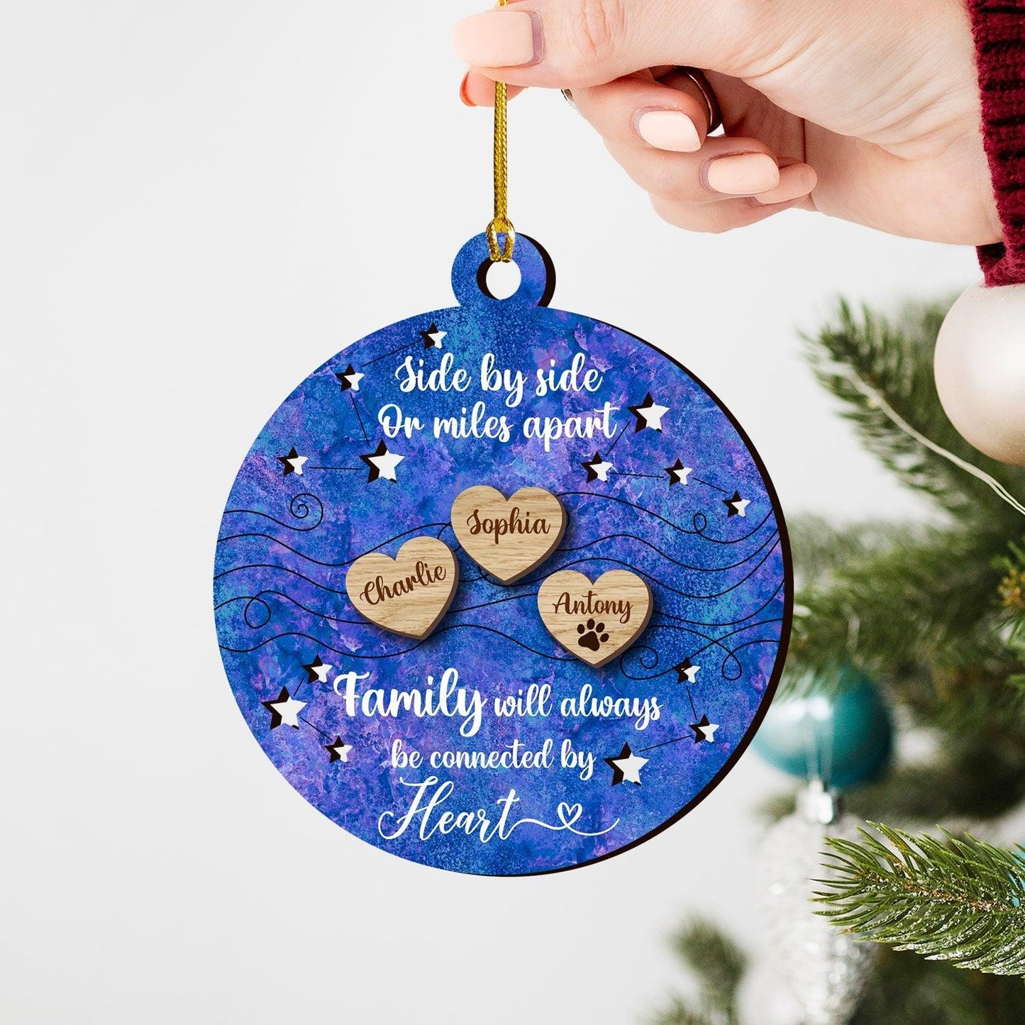 Side by Side or Miles Apart Family Ornament - 2-Layered Wood