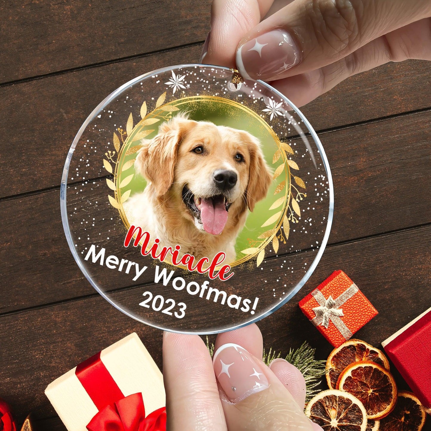 Merry Woofmas! Personalized Circle Acrylic Ornament - Dog Lovers