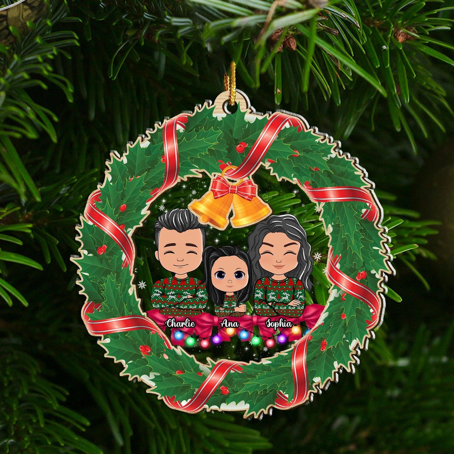 Family Wreath Holiday Ornament - Custom Shape Wood & Acrylic