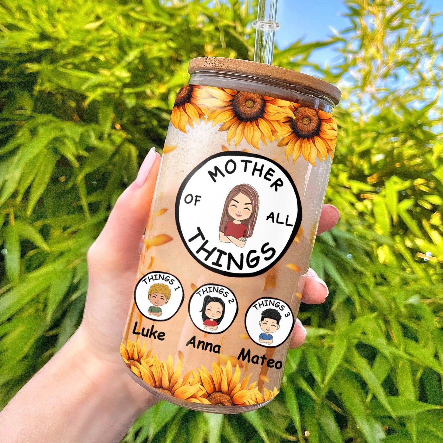 Best Gift for Mom - Personalized Glass Bottle with Lid & Straw