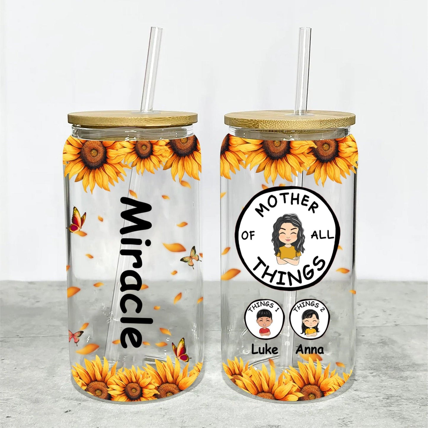 Best Gift for Mom - Personalized Glass Bottle with Lid & Straw