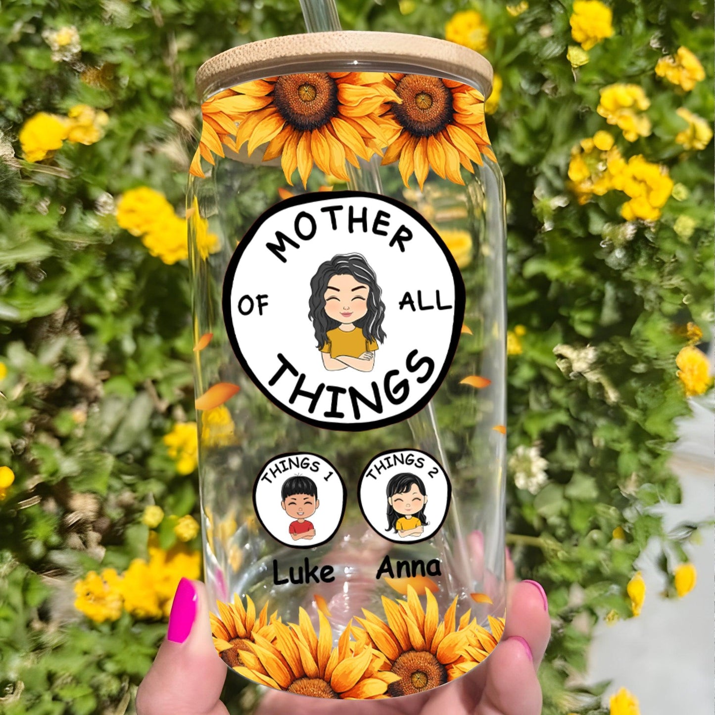 Best Gift for Mom - Personalized Glass Bottle with Lid & Straw