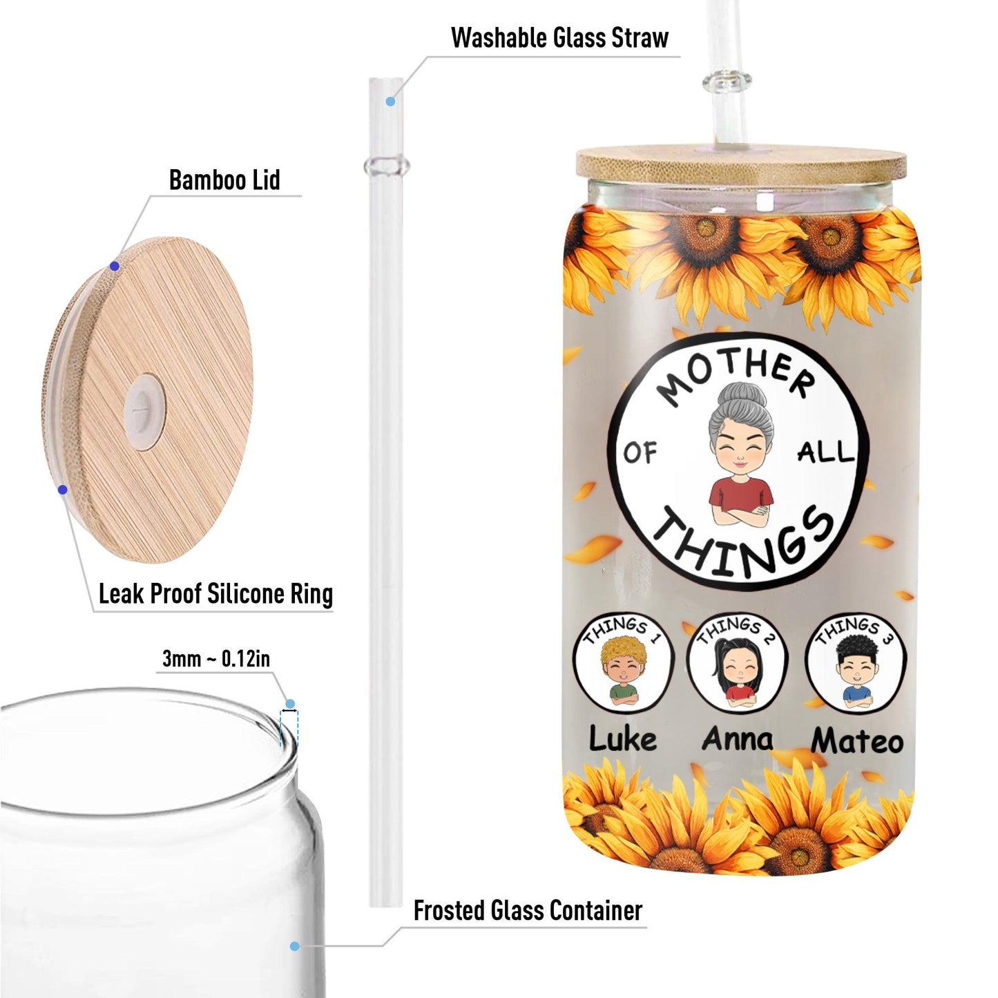 Best Gift for Mom - Personalized Glass Bottle with Lid & Straw