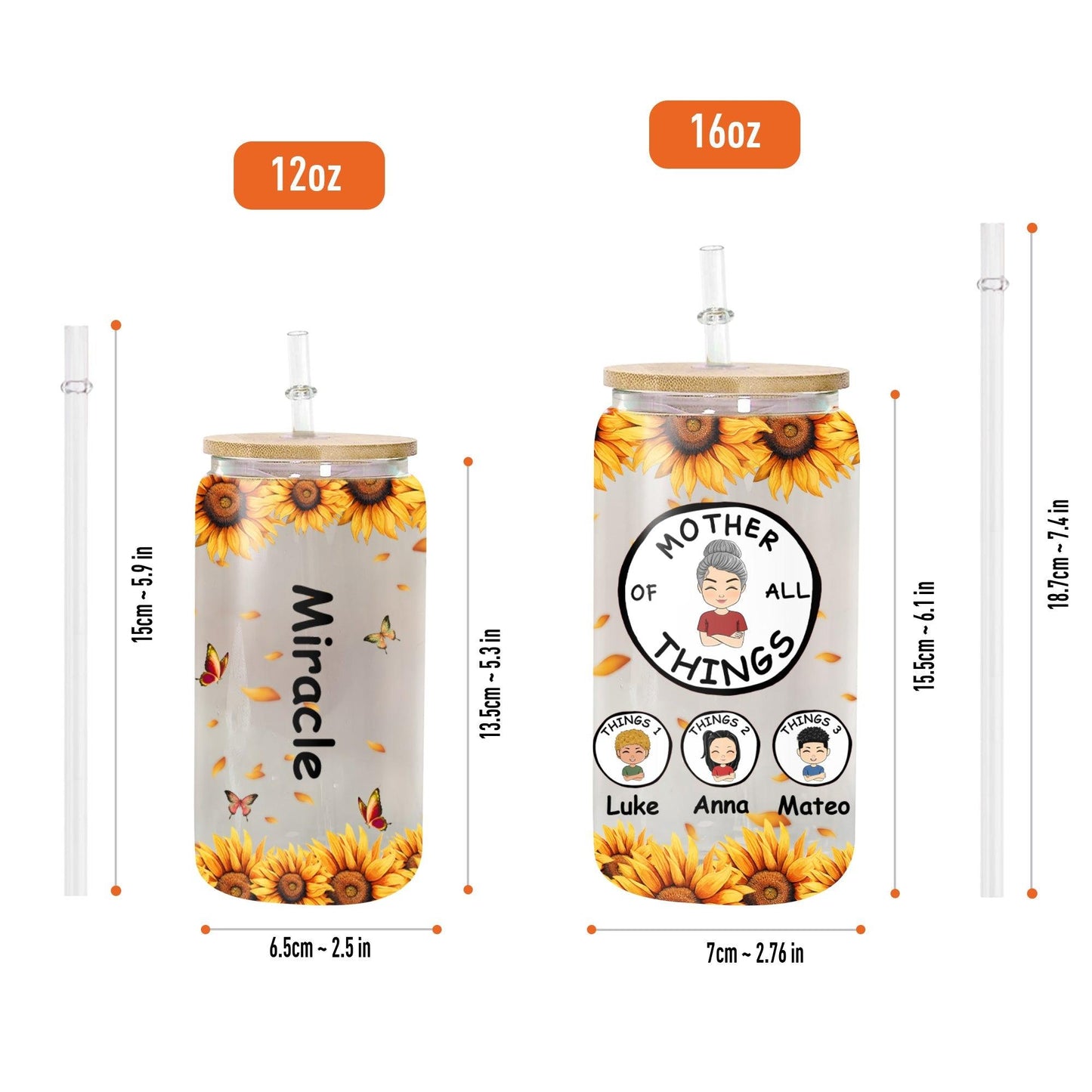Best Gift for Mom - Personalized Glass Bottle with Lid & Straw