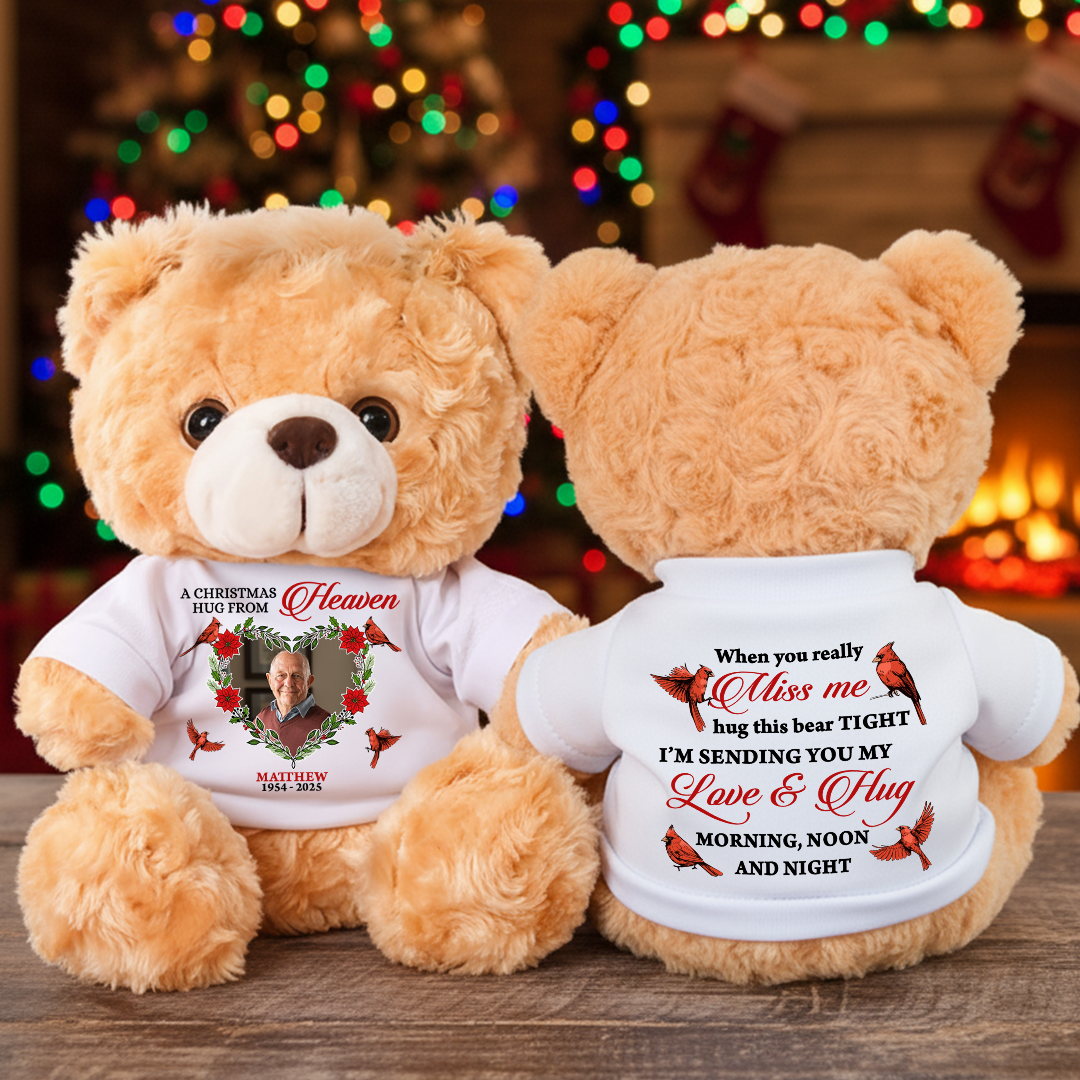 A Christmas Hug From Heaven Cardinal Roses - Teddy Bear With Personalized Photo Shirt