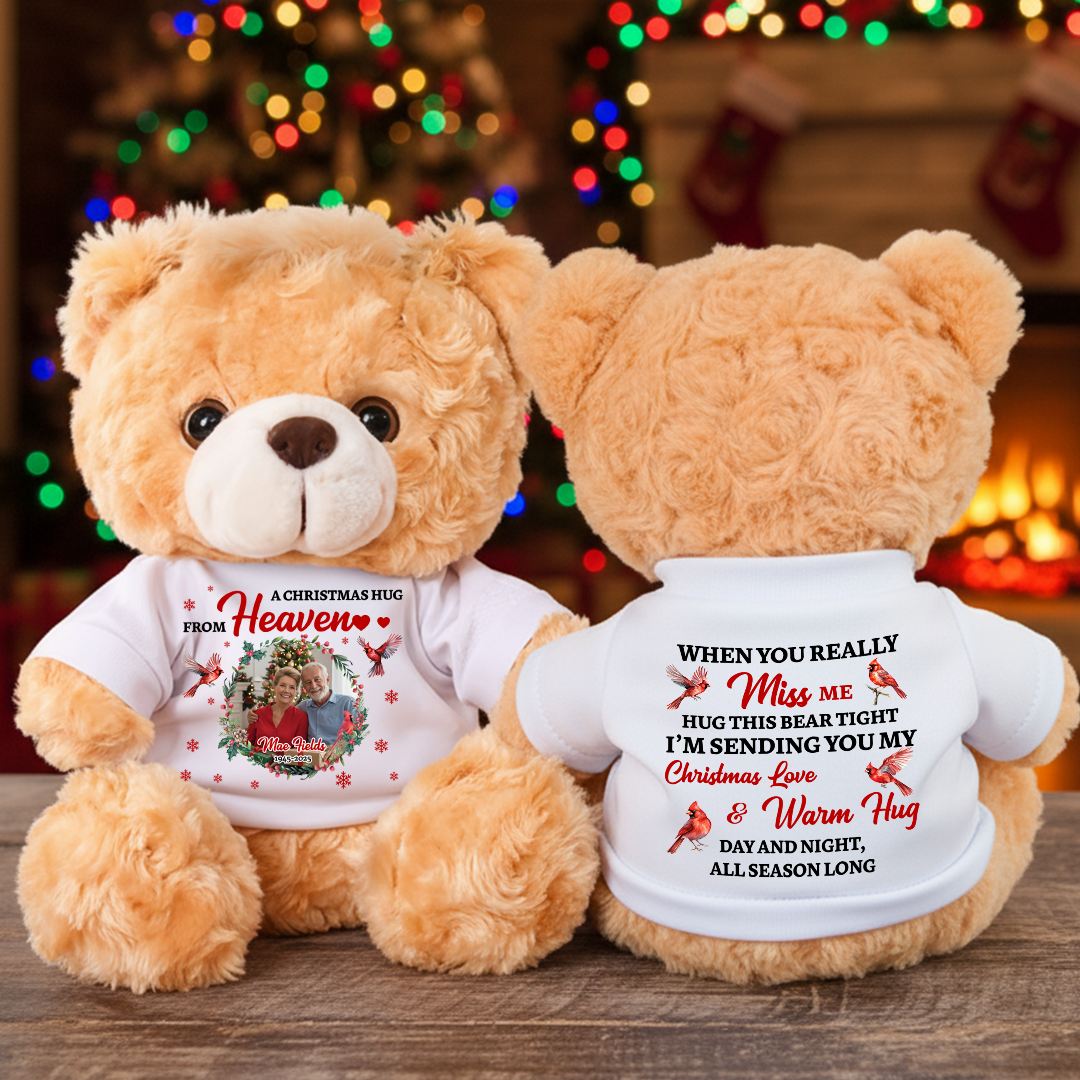 A Christmas Hug From Heaven Custom Photos - Memorial Teddy Bear With Personalized Photo Shirt