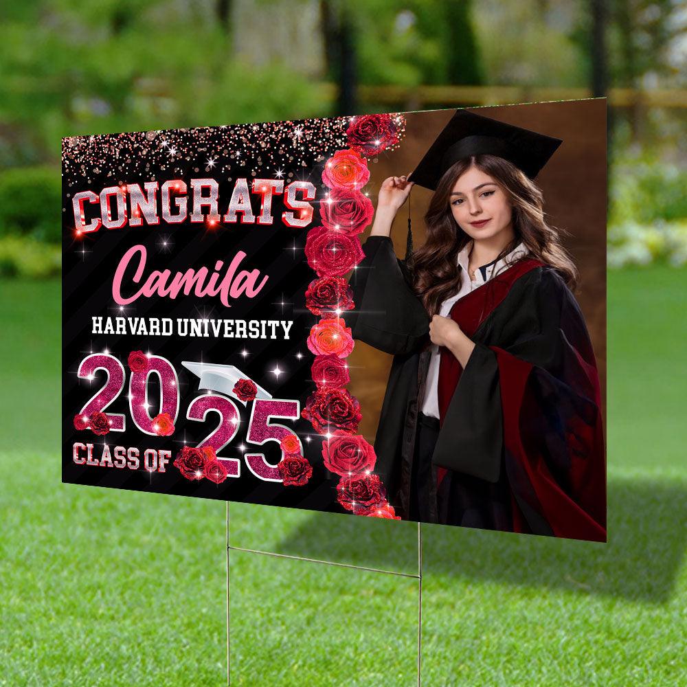 2025 Grad Lawn Sign - Rose Background Personalized Graduation