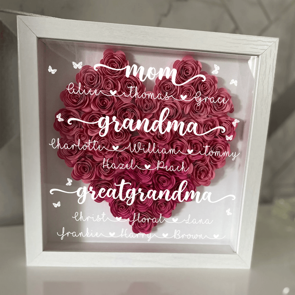 Mom Heart Shaped Monogram Flower - Personalized Flower Shadow Box