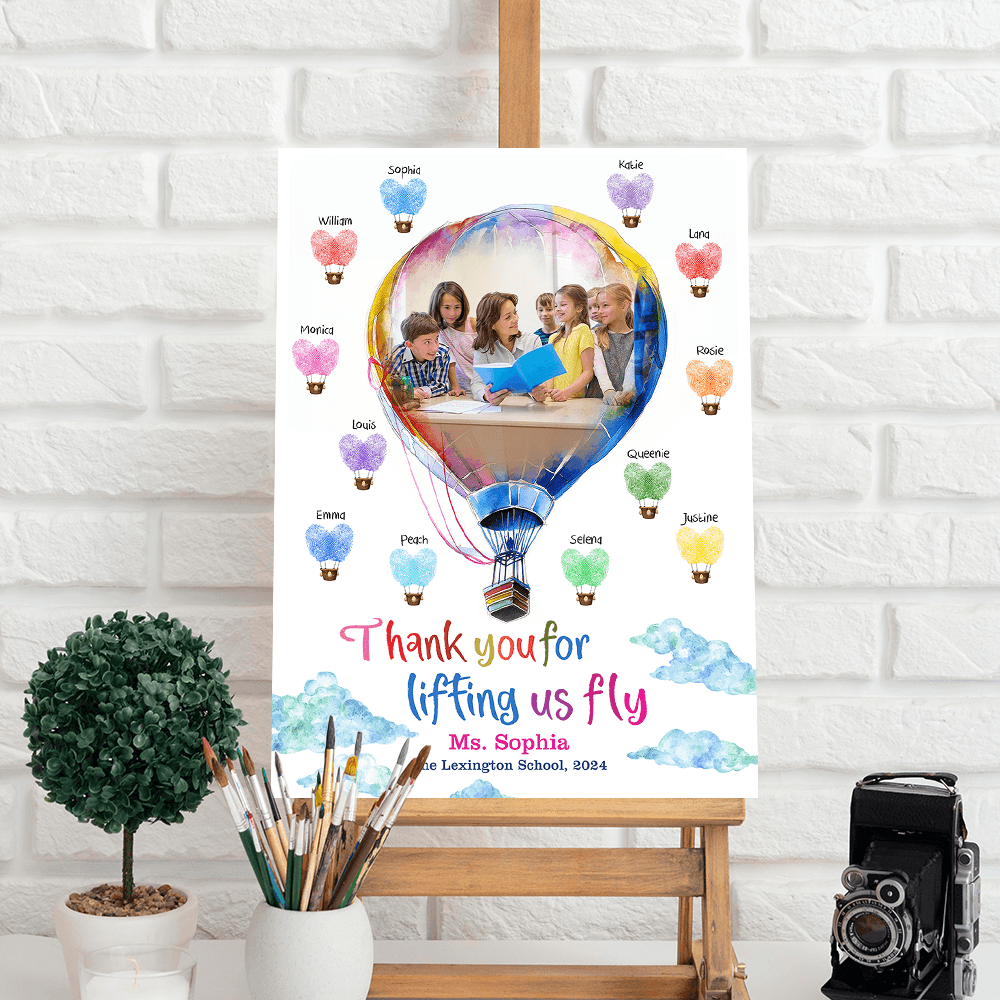 Personalized Fingerprint Art Hot Air Balloon Teacher Appreciation Welcome Sign - Custom Teacher and Up to 25 Kids Names - Balloon Teacher Canvas