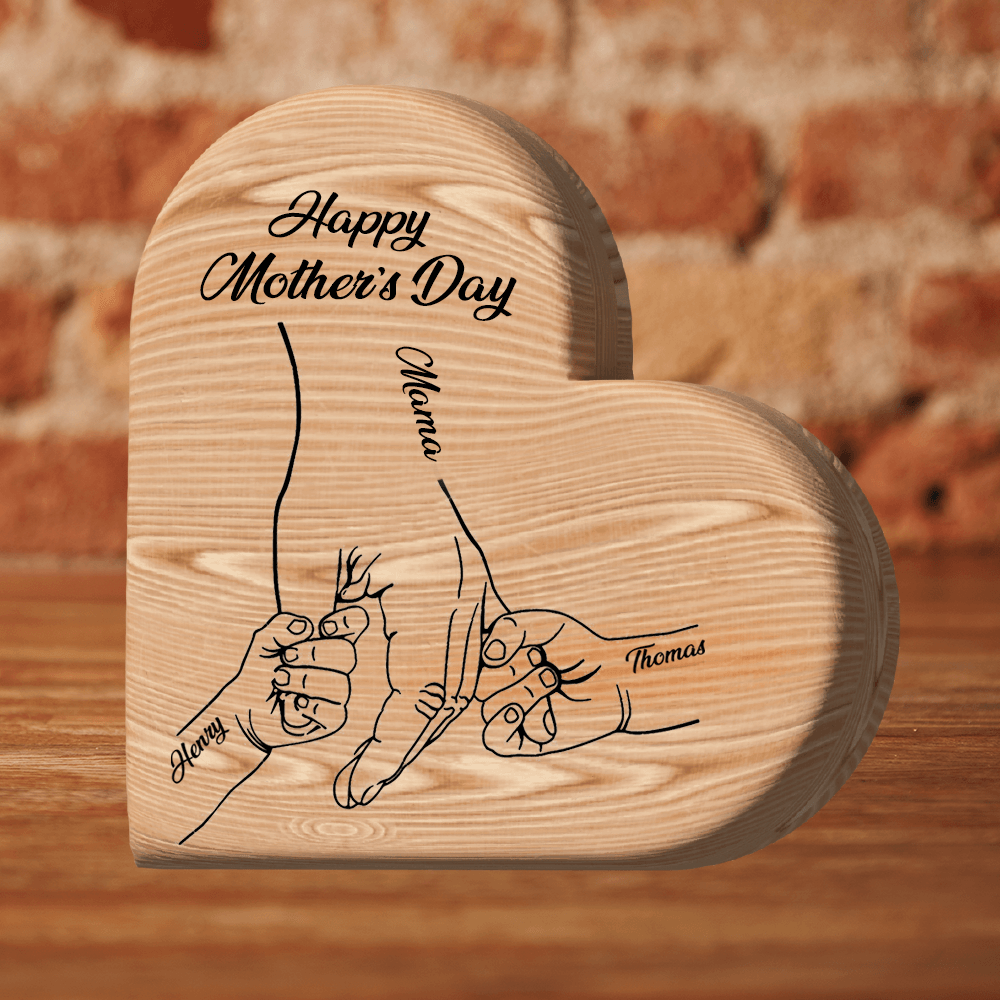 Holding Hand Happy Mother's Day - Heart Wooden Family - Wooden Carvings