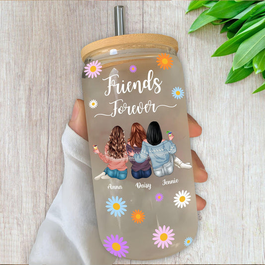Personalized Friends Forever Glass Cup With Straw & Lid