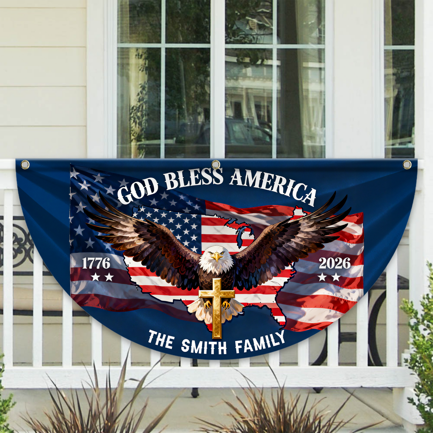 God Bless America Family Name 250th Birthday - America Freedom With Eagle - Non-Pleated Fan Flag