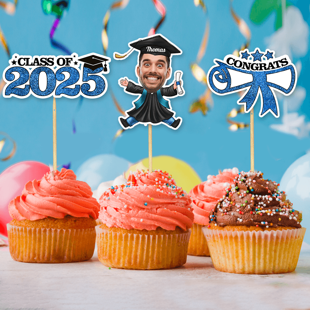 Custom Face Class of 2025 Cupcake Toppers, Graduation Decorations - Cake Topper Only Paper
