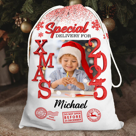 Personalized Glitter Santa Sack - Special Delivery Gift Bag