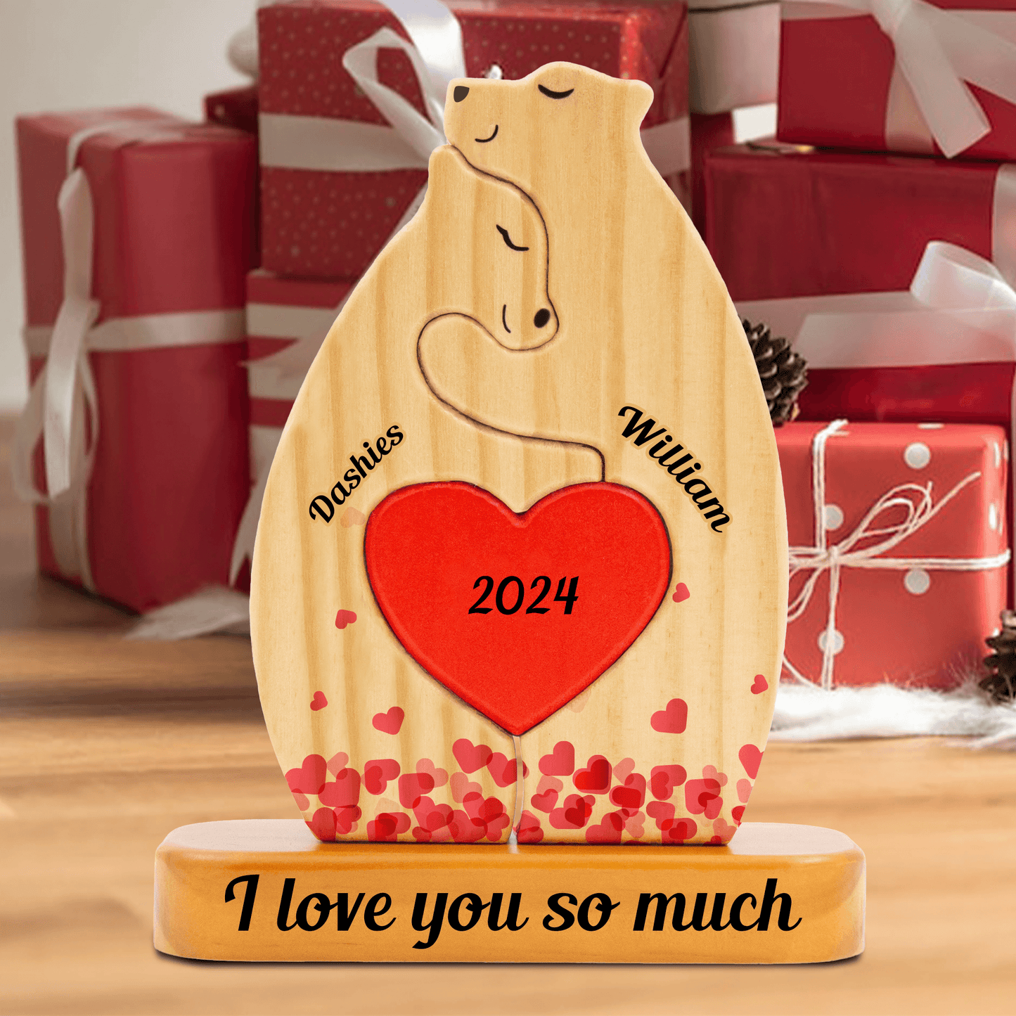 Heart Personalized Wooden Bears Family - Custom Name Puzzle