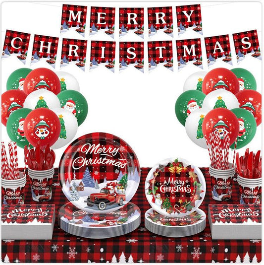 Christmas Plates & Napkins Set with Tablecloth & Balloons