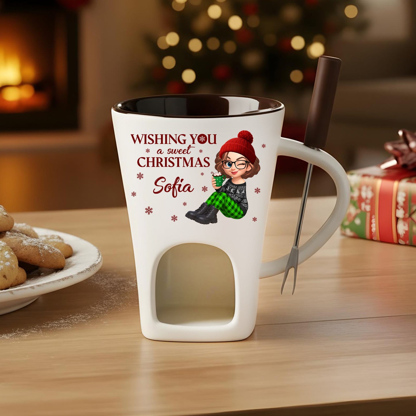 Personalized Cartoon Hot Chocolate Fondue Mug – Custom Coffee Mug, Unique Christmas Gift