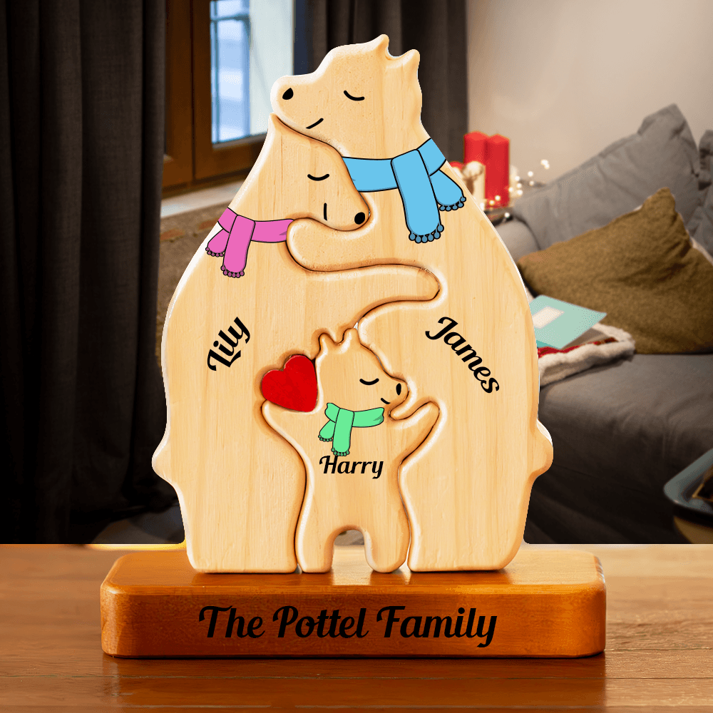 Color Scarf Bear Family Puzzle - Wooden Bear With Scarf Gifts