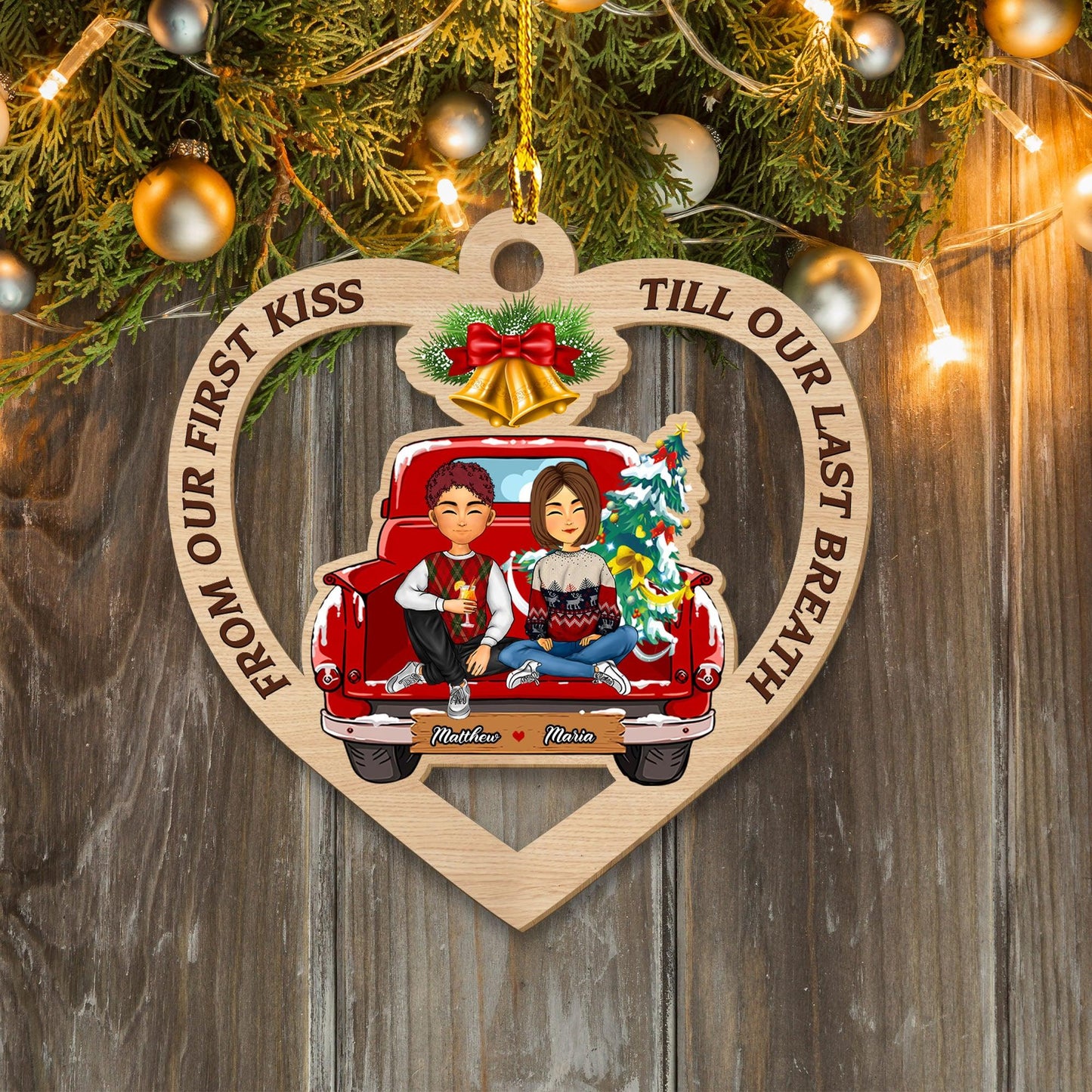 First Kiss Christmas Ornament - Custom Shape Wood Ornament