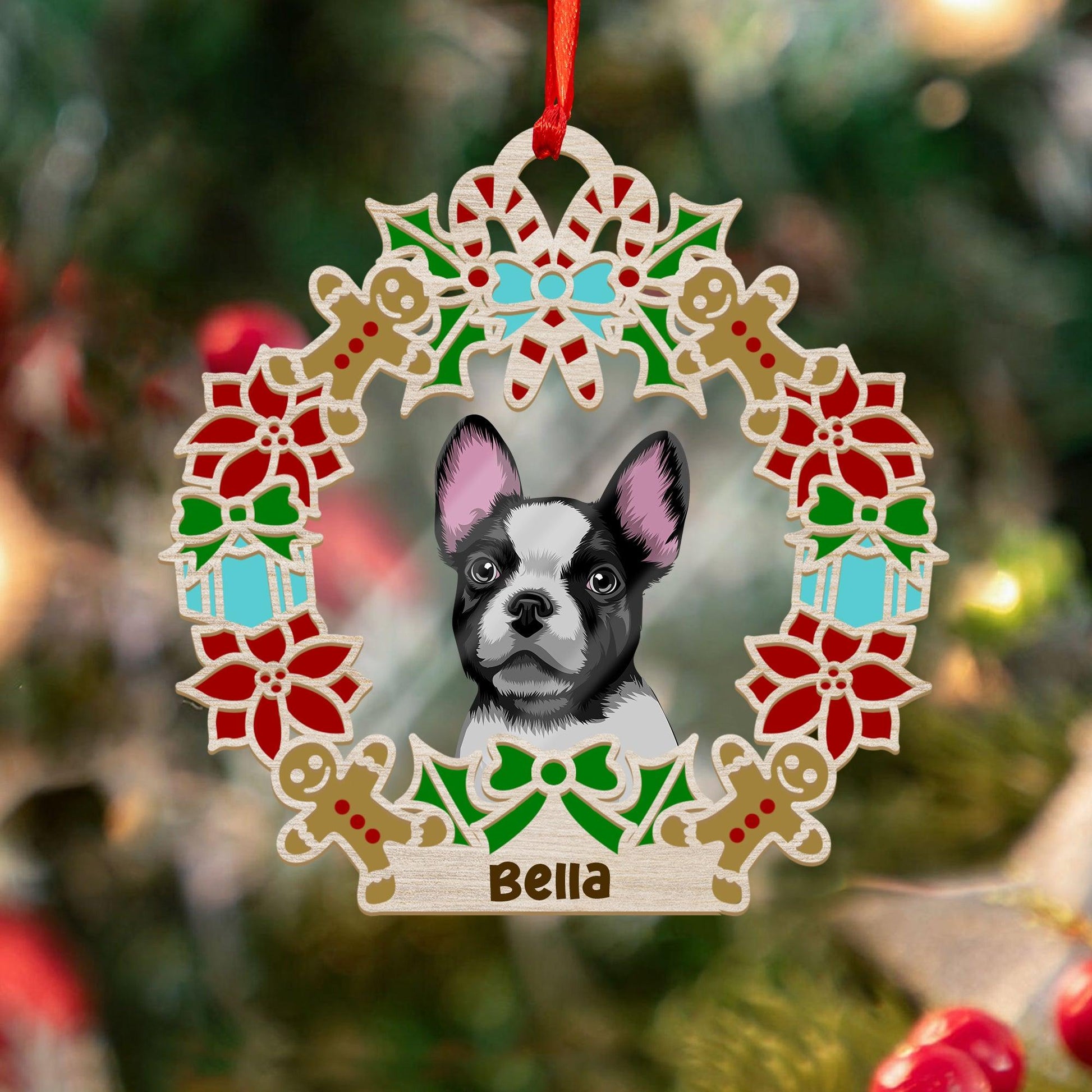 Wreath and Dog Holiday Ornament - Custom Shape Wood & Acrylic
