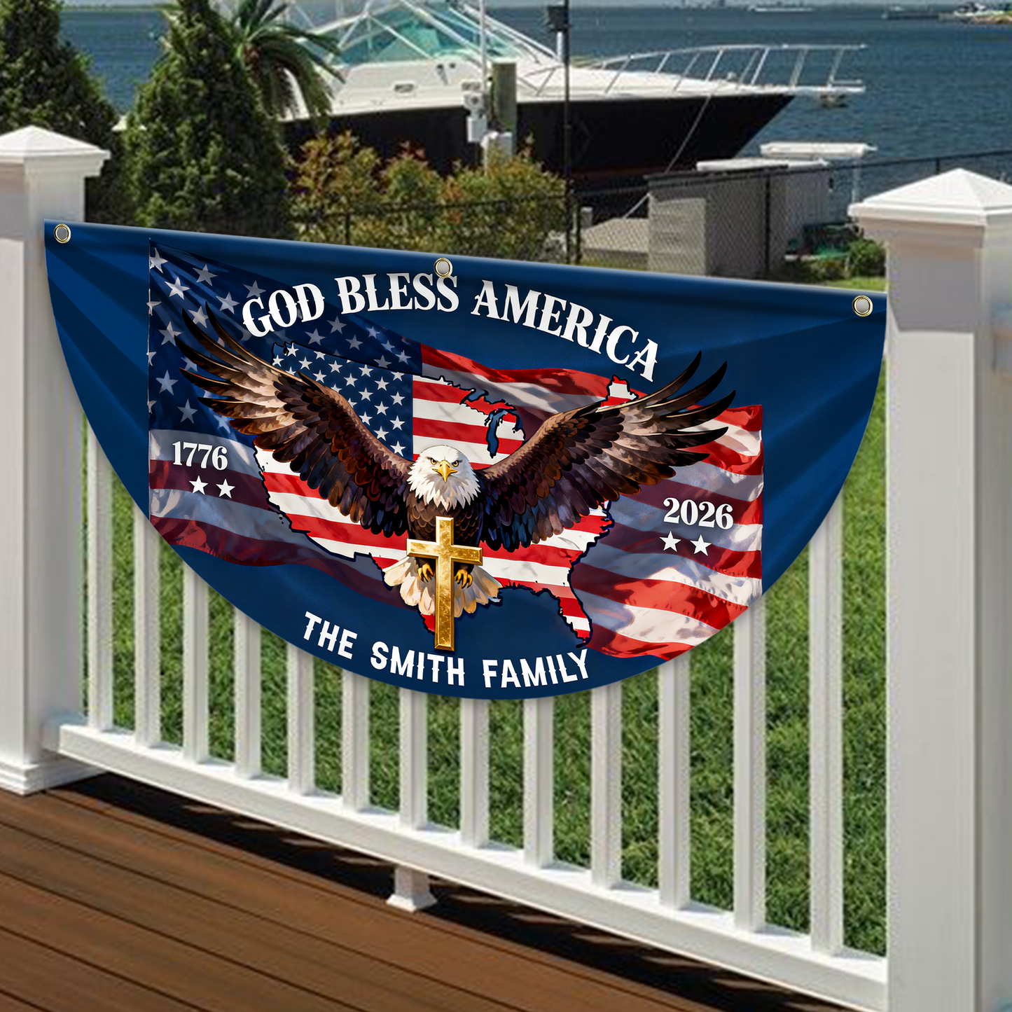 God Bless America Family Name 250th Birthday - America Freedom With Eagle - Non-Pleated Fan Flag