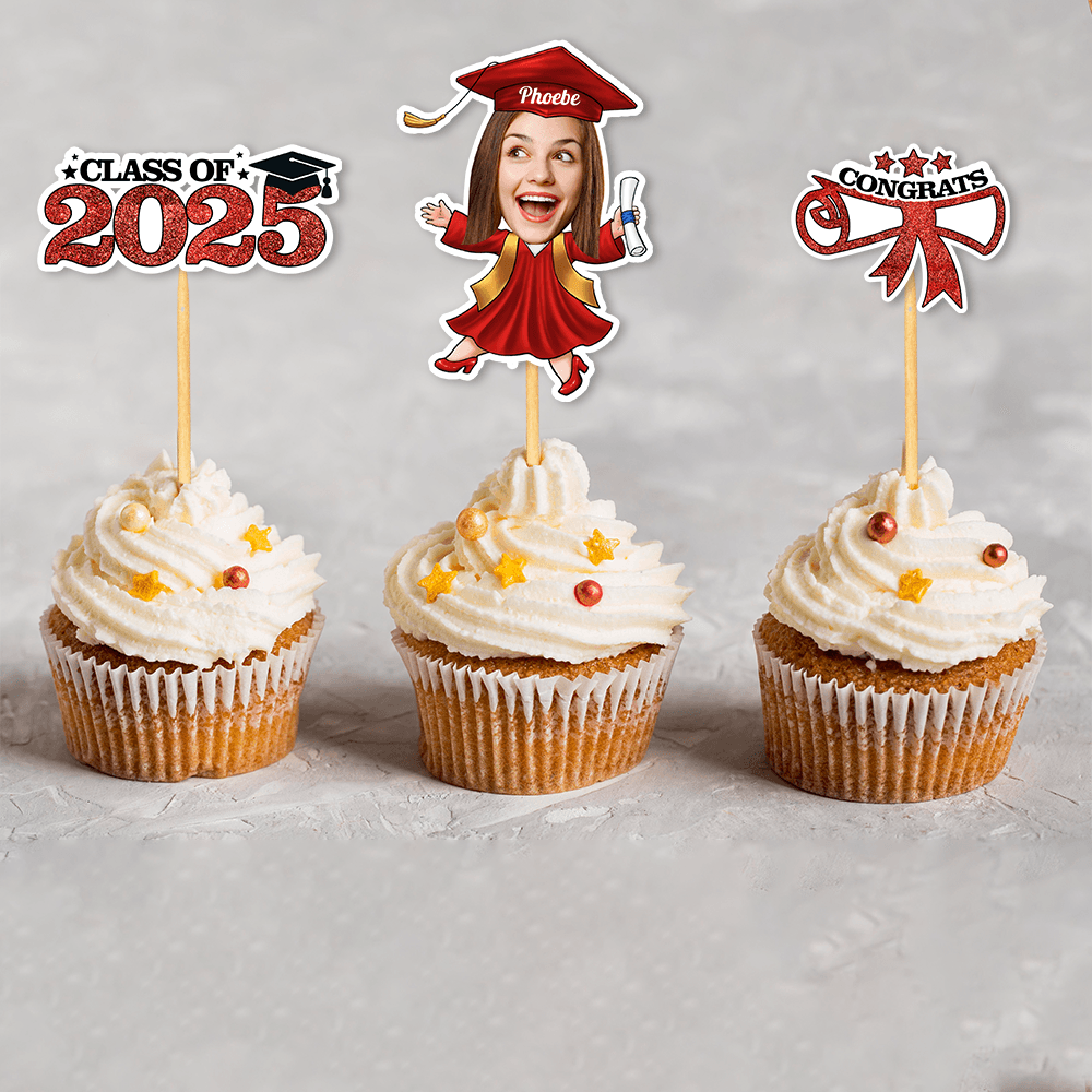 Custom Face Class of 2025 Cupcake Toppers, Graduation Decorations - Cake Topper Only Paper