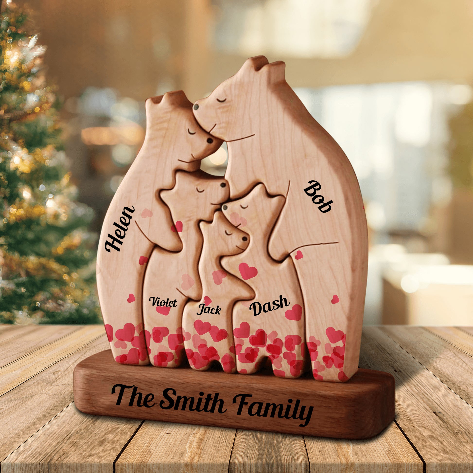 Heart Personalized Wooden Bears Family - Custom Name Puzzle