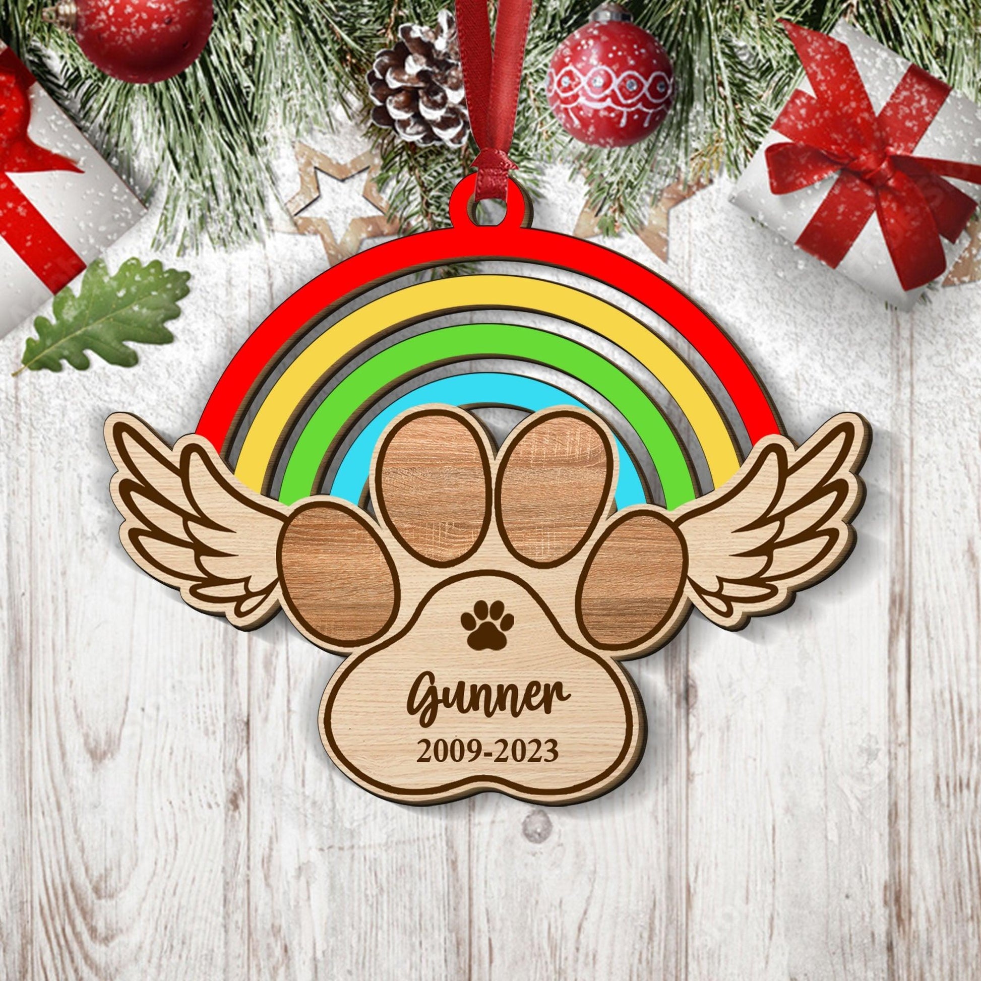 Memorial Rainbow Paw Christmas Ornament - 1 Layered Wood Ornament