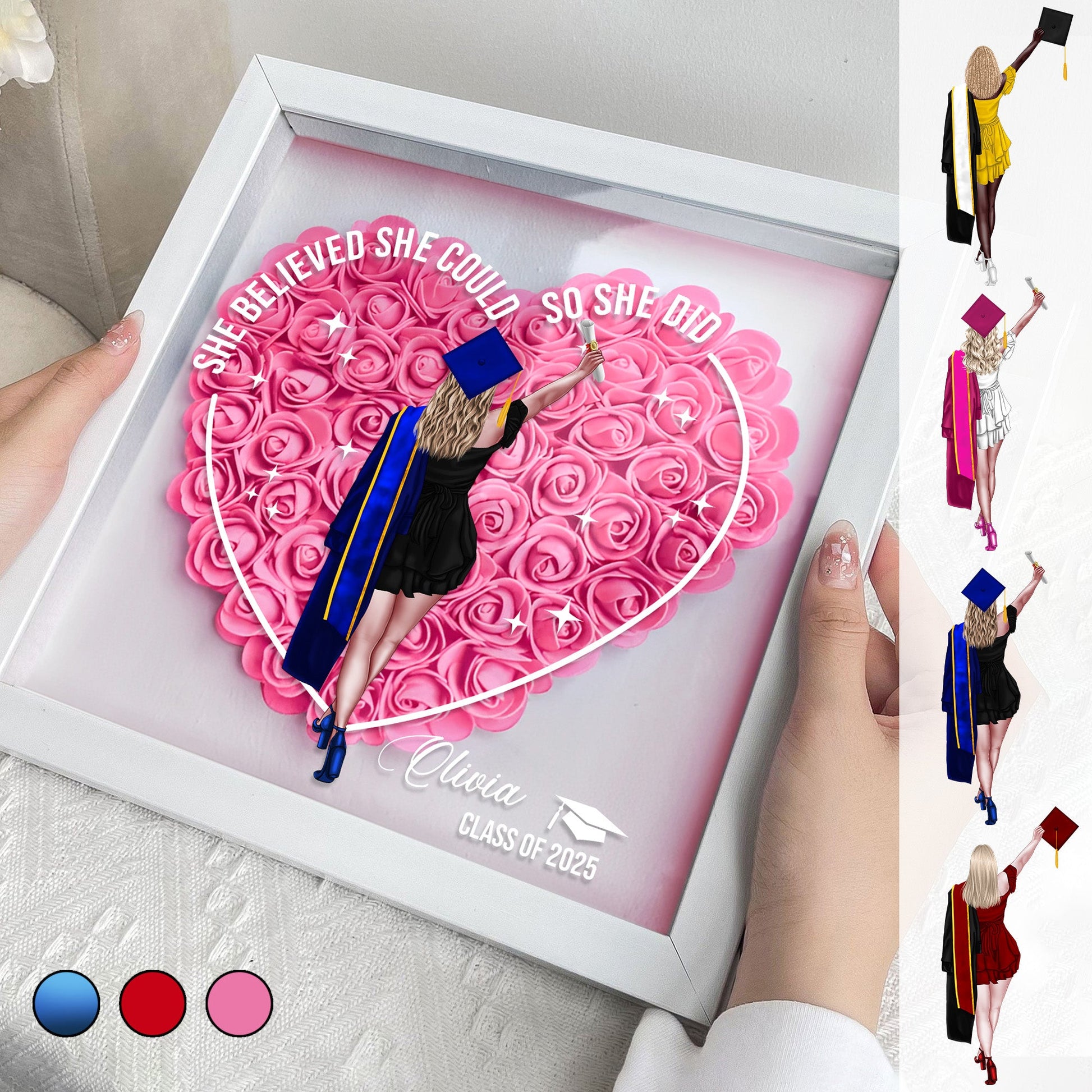 Graduation Class Of 2025 Heart Shaped Flower - She Believed She Could So She Did v2 - Personalized Flower Shadow Box