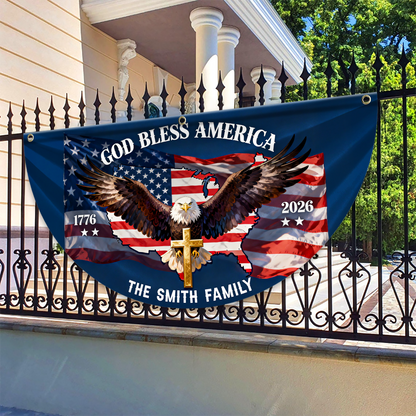 God Bless America Family Name 250th Birthday - America Freedom With Eagle - Non-Pleated Fan Flag