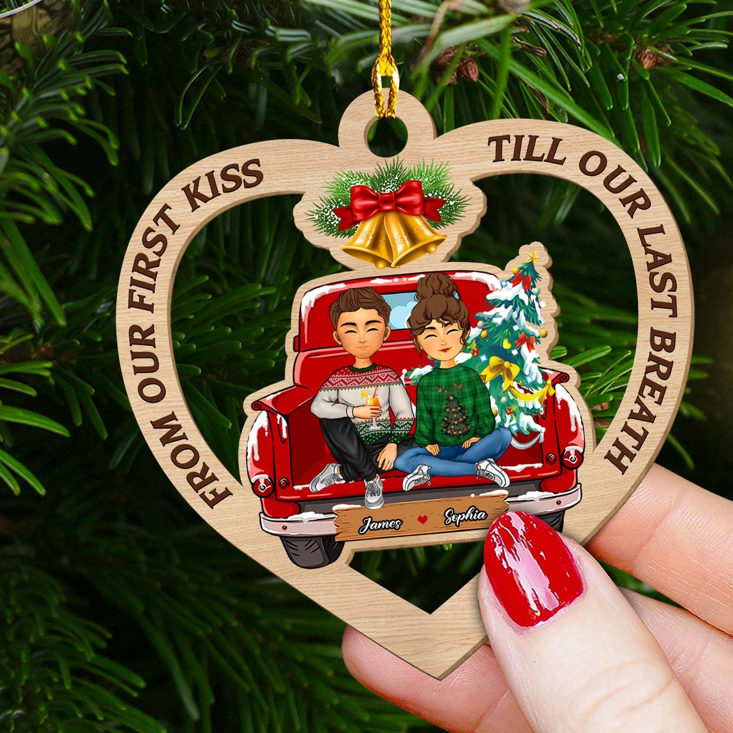 First Kiss Christmas Ornament - Custom Shape Wood Ornament