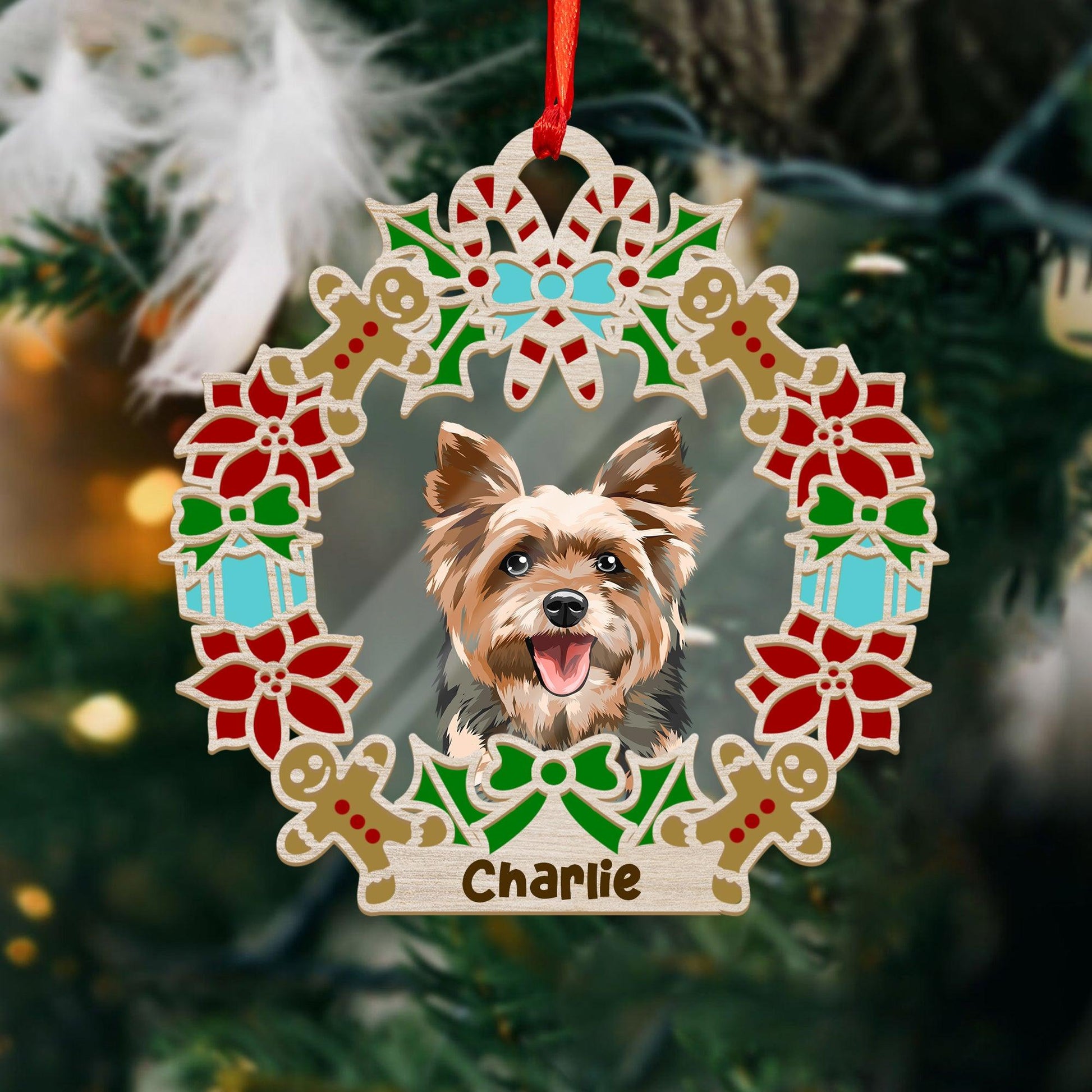 Wreath and Dog Holiday Ornament - Custom Shape Wood & Acrylic