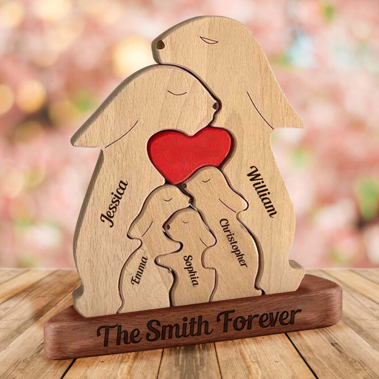 Personalized Rabbits With Hearts Wooden Family Puzzle Gift
