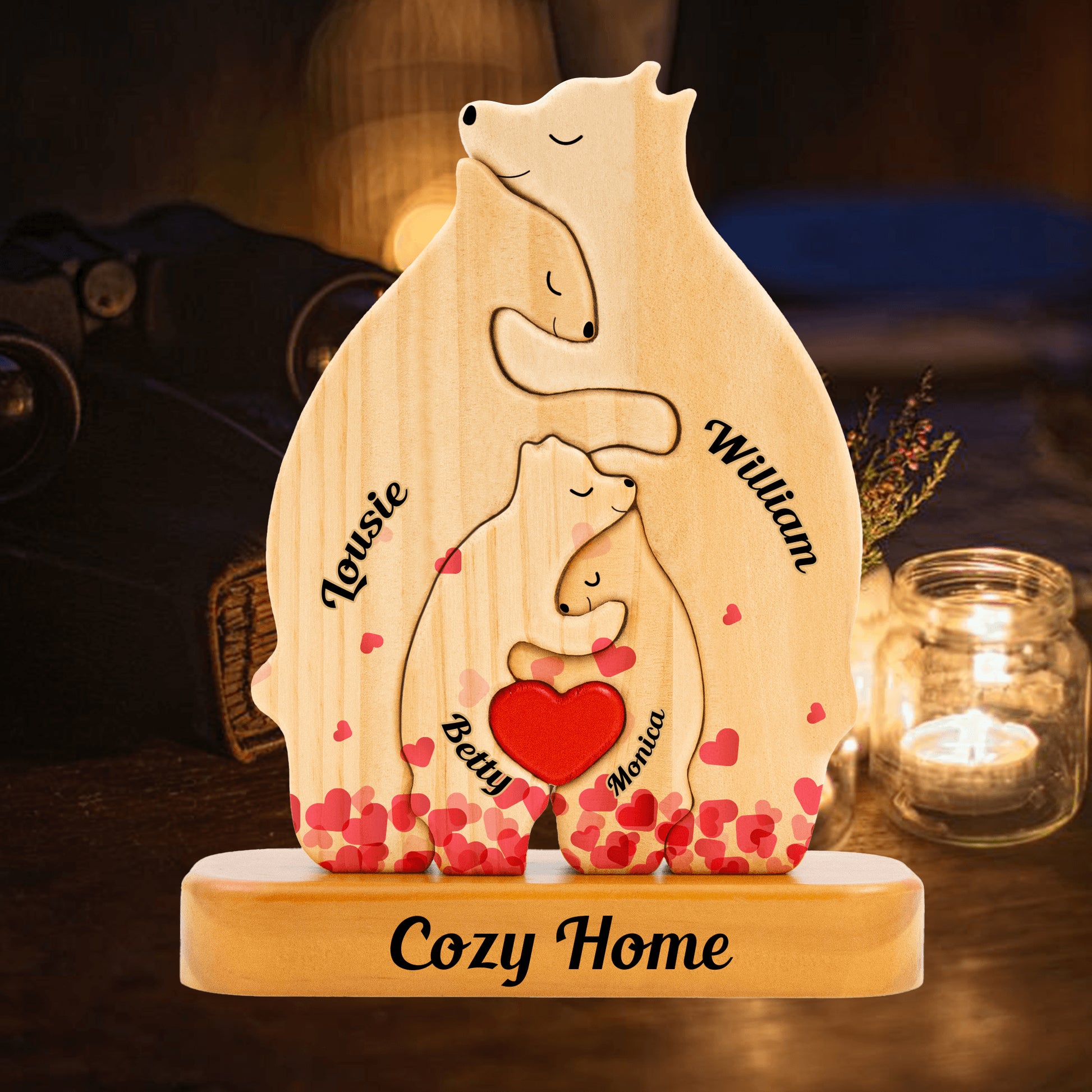 Heart Personalized Wooden Bears Family - Custom Name Puzzle