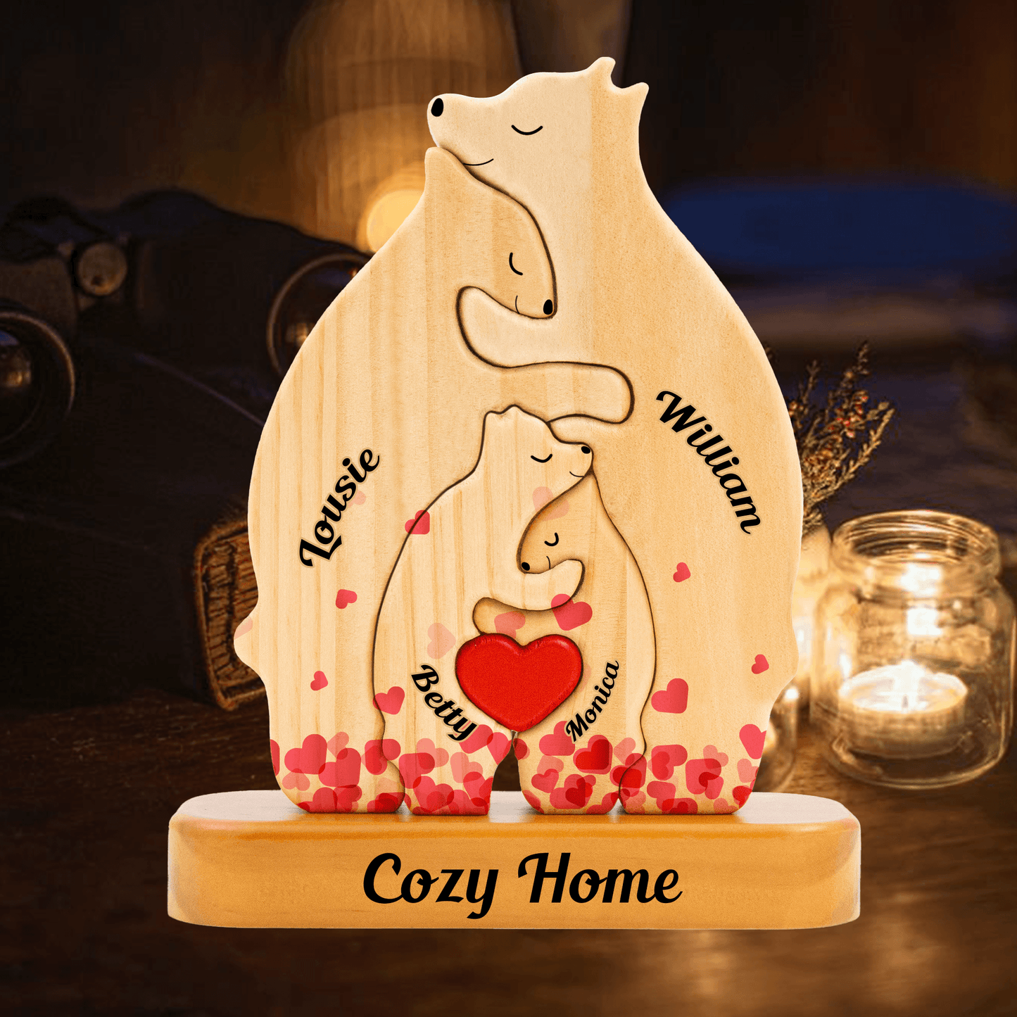 Heart Personalized Wooden Bears Family - Custom Name Puzzle