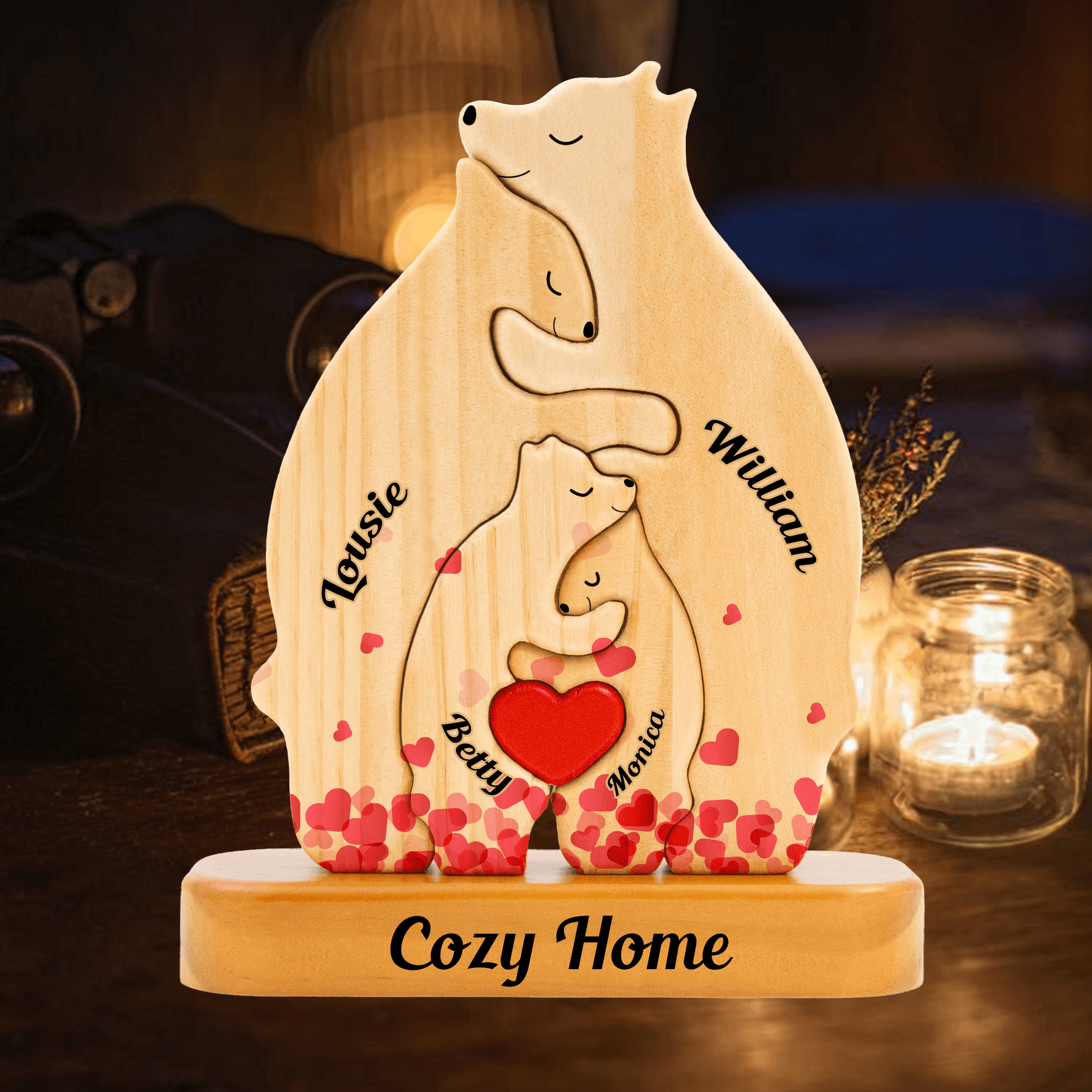 Heart Personalized Wooden Bears Family - Custom Name Puzzle