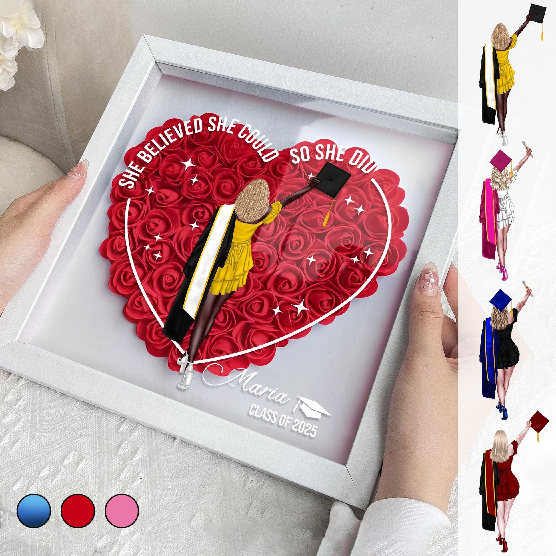 Graduation Class Of 2025 Heart Shaped Flower - She Believed She Could So She Did v2 - Personalized Flower Shadow Box