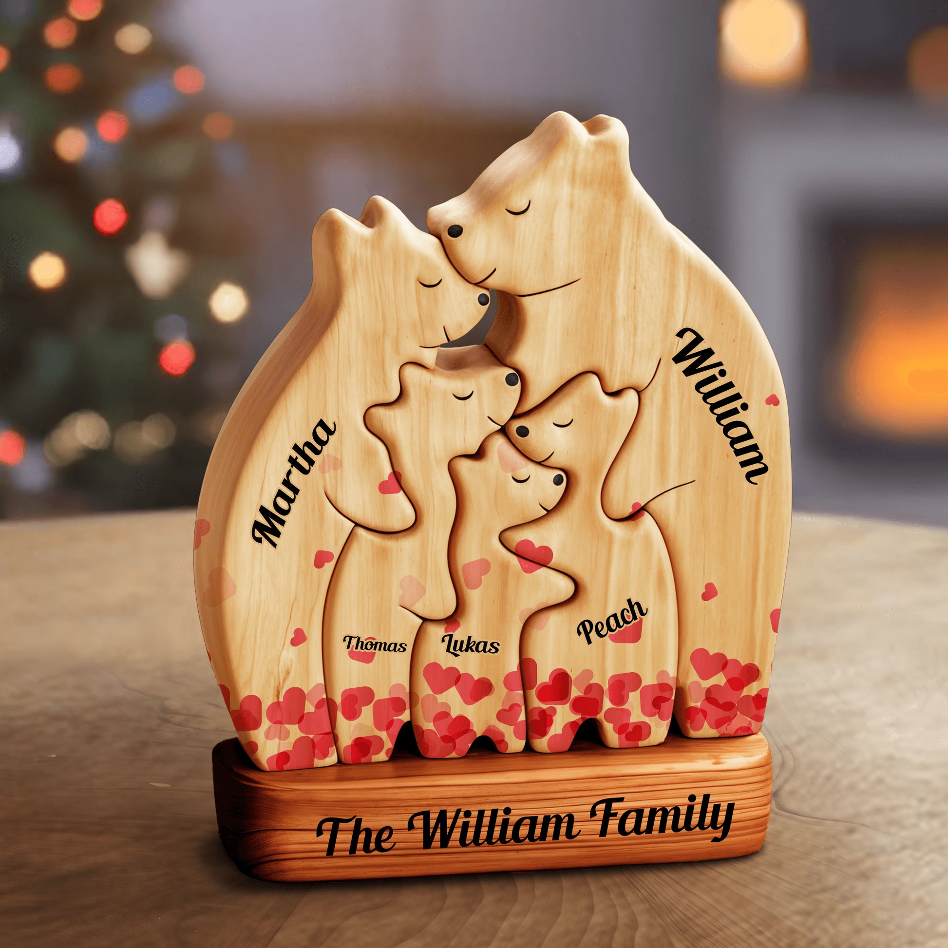Heart Personalized Wooden Bears Family - Custom Name Puzzle