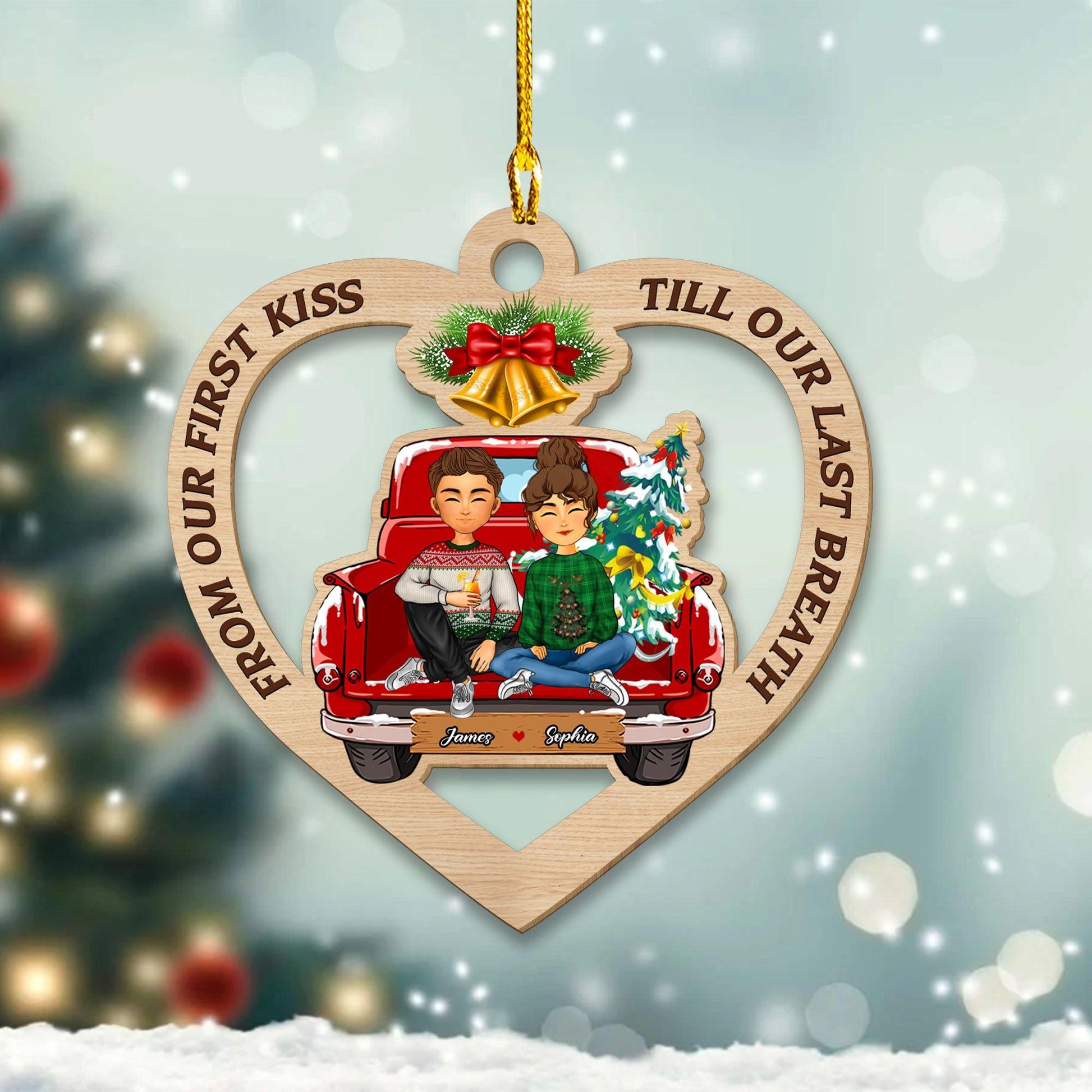 First Kiss Christmas Ornament - Custom Shape Wood Ornament