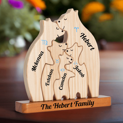 Zodiac Wooden Bears Family - Bear Shaped Wood Puzzle with Custom Name