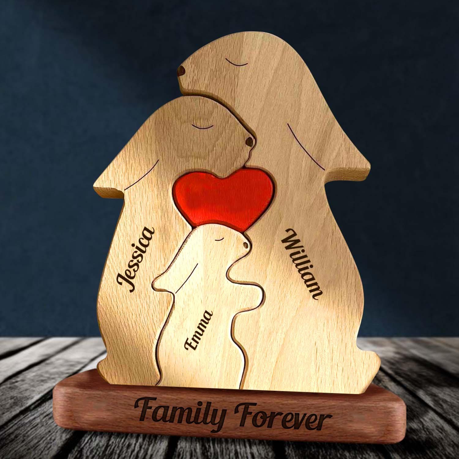 Personalized Rabbits With Hearts Wooden Family Puzzle Gift