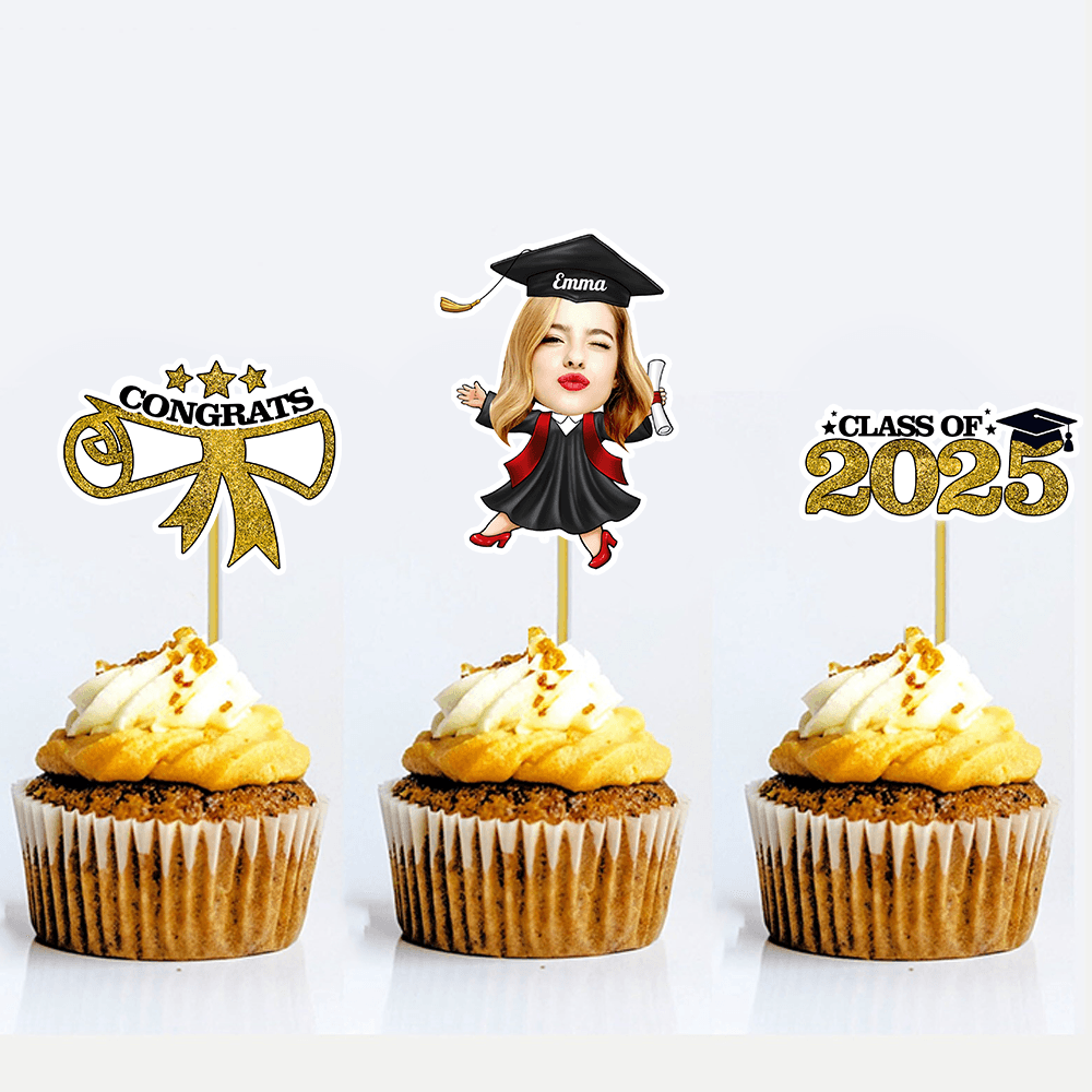 Custom Face Class of 2025 Cupcake Toppers, Graduation Decorations - Cake Topper Only Paper